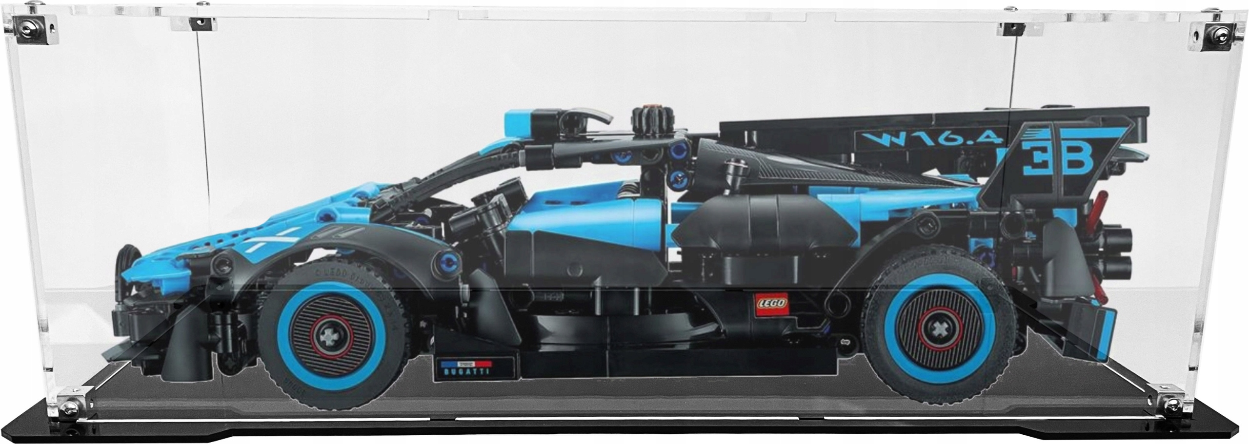 Vitrína s černou základnou pro sadu Lego 42162 Bugatti Bolide Agile Blue