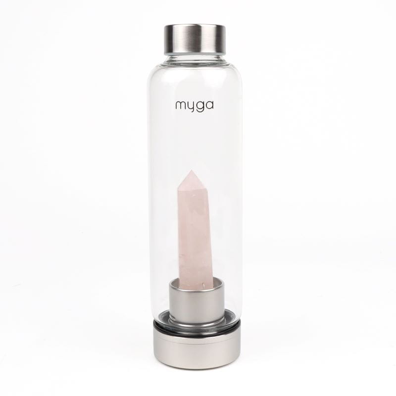 Skleněná láhev Myga s růžovým křemenem, neoprenový obal, 500 ml
