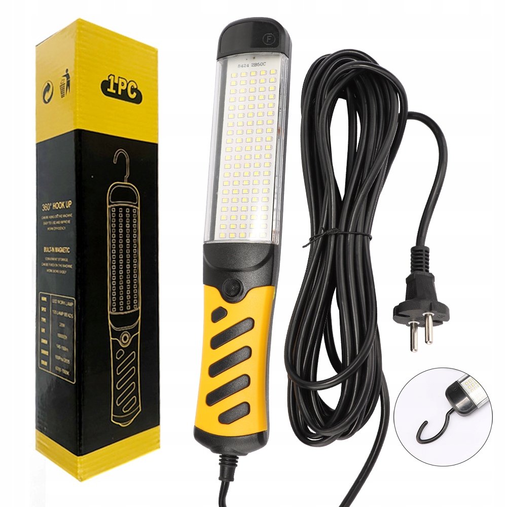 Sieciowa Warsztatowa Latarka 100 Led Z Hakiem Lampa Kabel 8M Magnes 28W