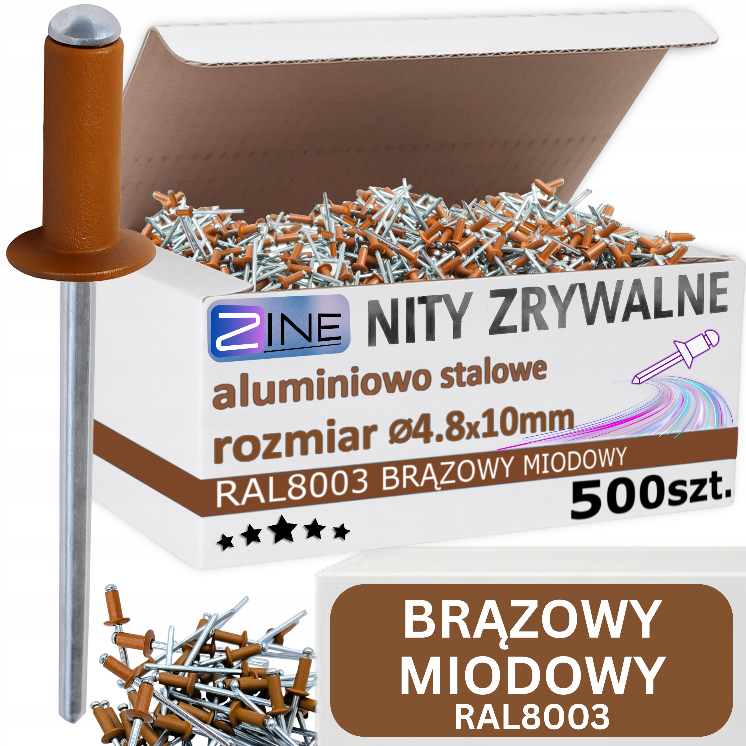 Nity Zrywalne 4.8x10mm Brązowy Miodowy Kolor RAL8003 Brązowe Zine 500 sztuk