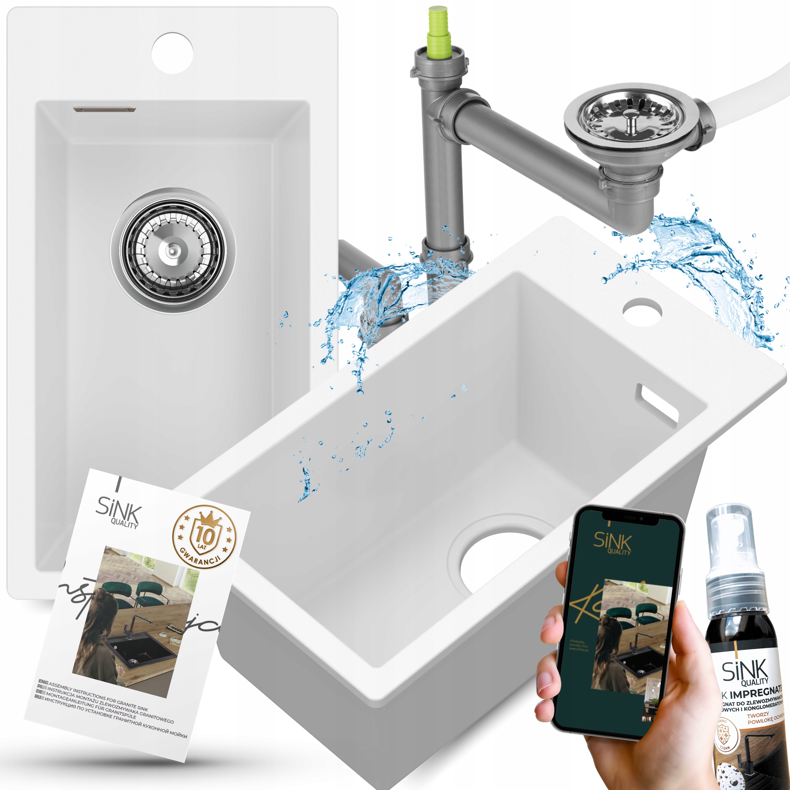 Granitový dřez, bílý, Jednokomorový, Malý, Úzký, kuchyňský Dřez dřez