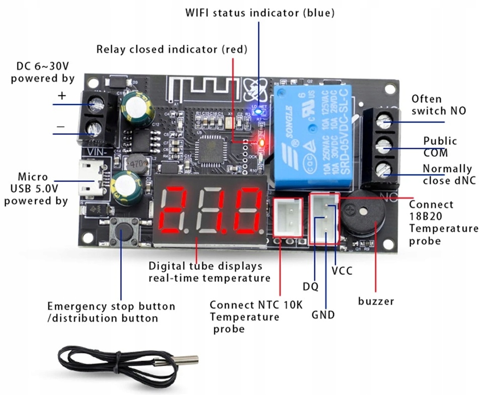 REGULATOR TEMPERATURY TERMOSTAT -40 110C WIFI 6-30VDC Rodzaj termostat