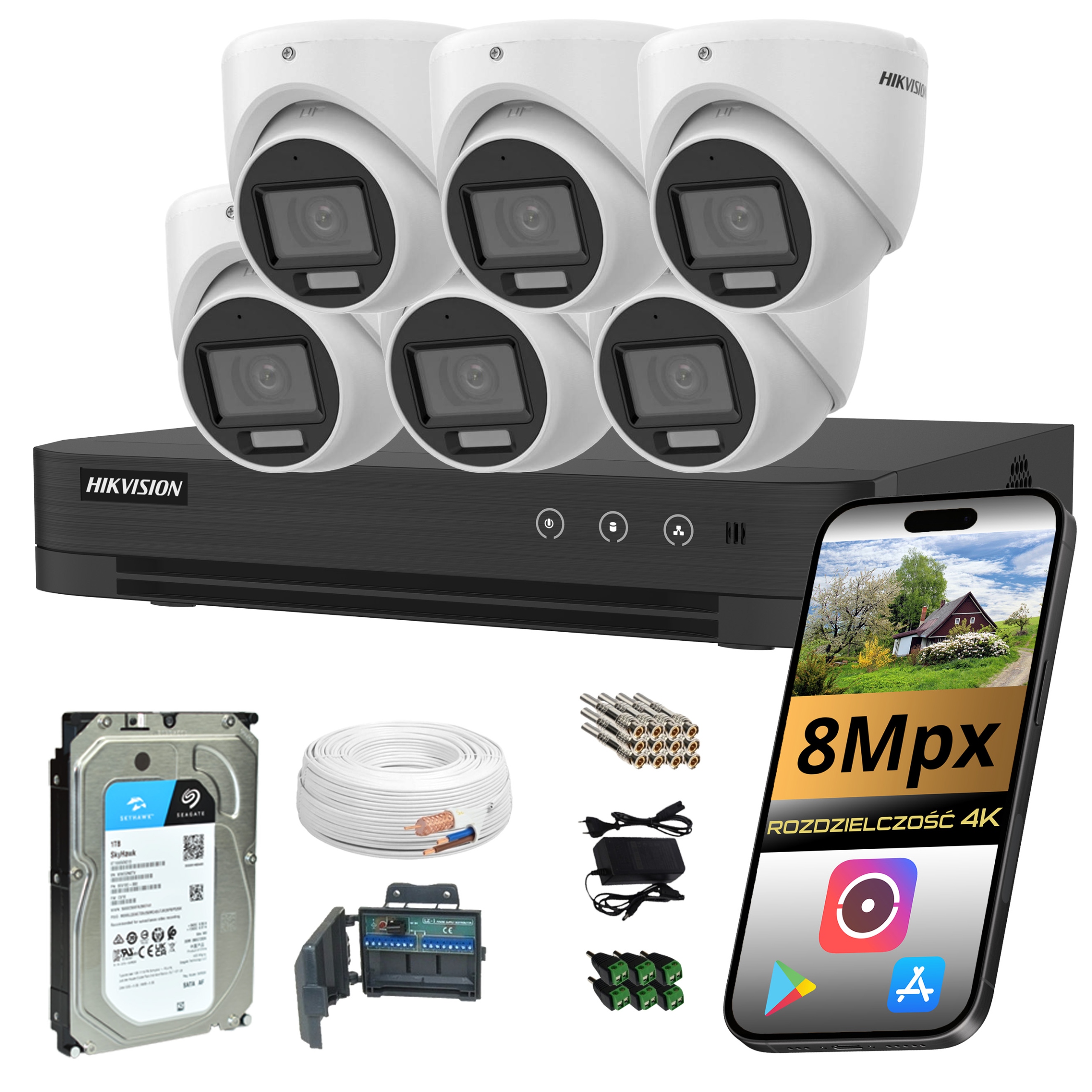 Monitorování domu 6 kopulí Hikvision 4K 8Mpx IP67 disk 1TB AcuSense Ai Cctv