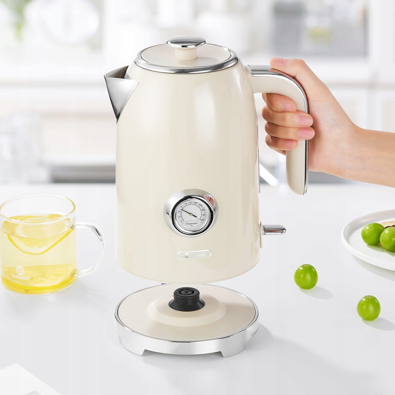 WILTAL Zestaw Retro Czajnik 1,7L 2200W Kremowy Stalowy Z Termometrem — miniatura 3