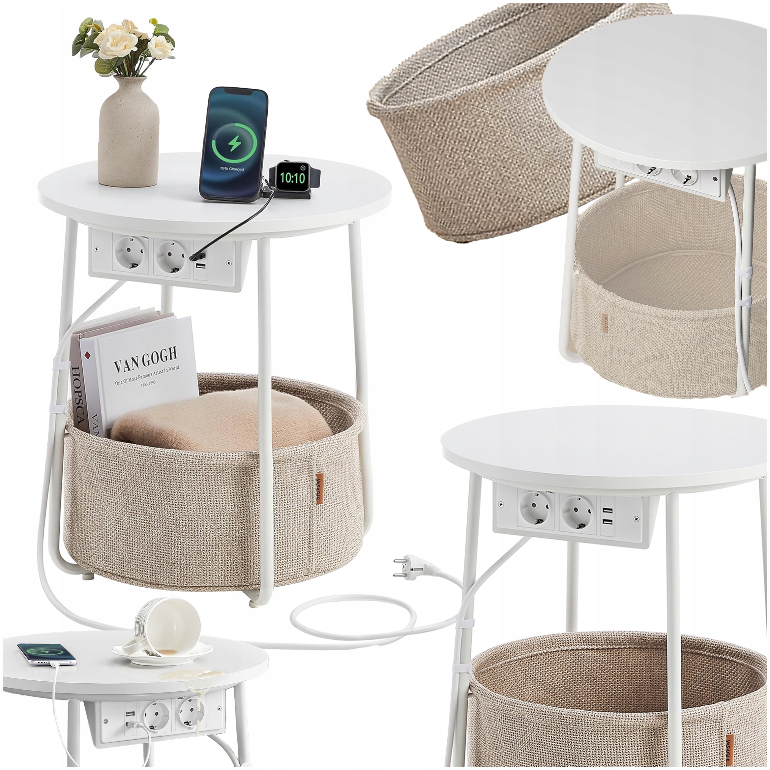 Noční stolek s Usb zásuvkou Malý konferenční stolek kulatý bílý Noční Stolek