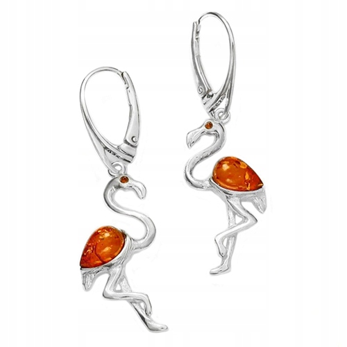 Náušnice Plameňáci ptáci Stříbro s přírodním Jantarem, zapínání Anglické