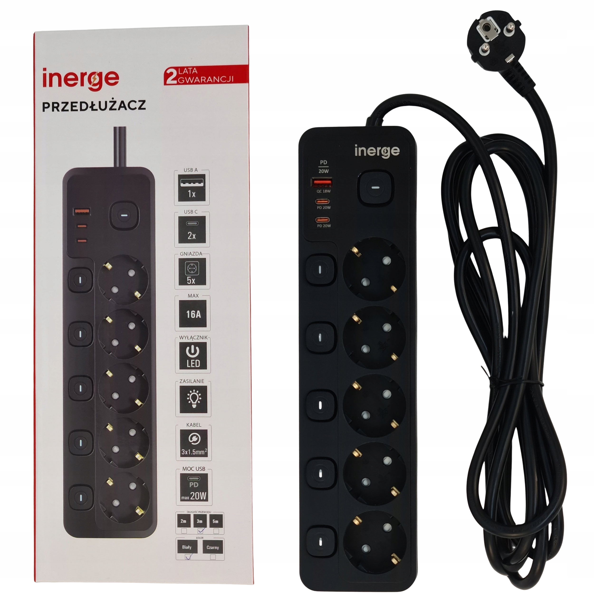Przedłużacz Listwa Zasilająca 5 Gniazd 3m 3x1,5MM² Led 3x Usb PD20W QC18W