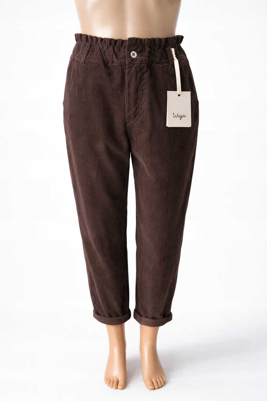 Spodnie sztruksowe damskie włoskie Wiya chinos gumka w pasie S czekolada