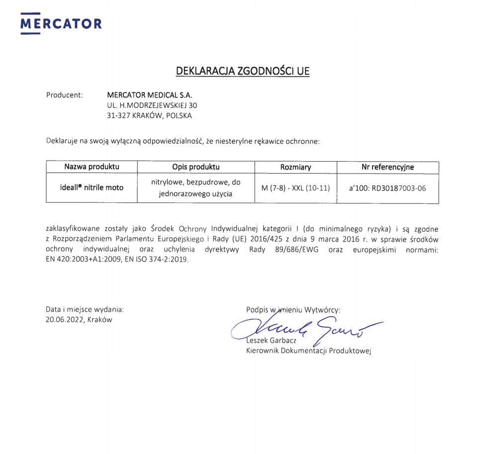 Rękawiczki nitrylowe CZARNE MERCATOR ideall MOTO BLACK mocne 100 szt. r.M Wyrób medyczny nie