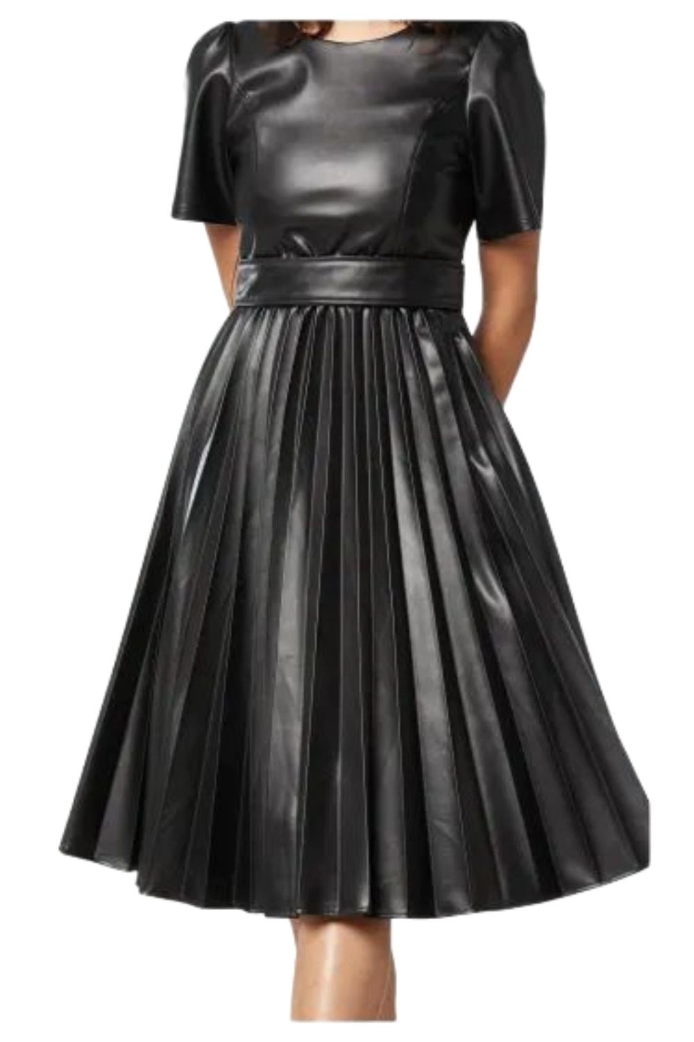 Šaty Sinequanone černá midi, módní kožená černá plisovaná sukně, velikost 42