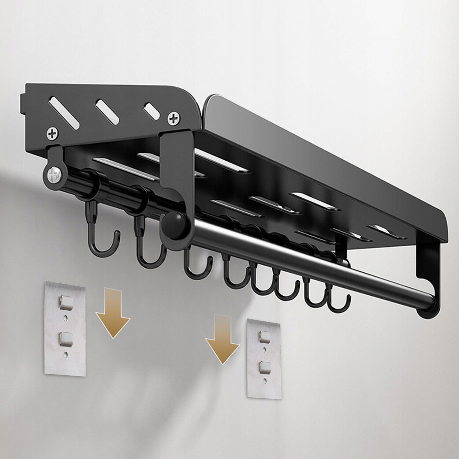 REGAŁ NA PRZYPRAWY DO ŁAZIENKI I KUCHNI, Z UCHWYTEM NA RĘCZNIKI 8 HACZYKAMI Wysokość mebla 13 cm