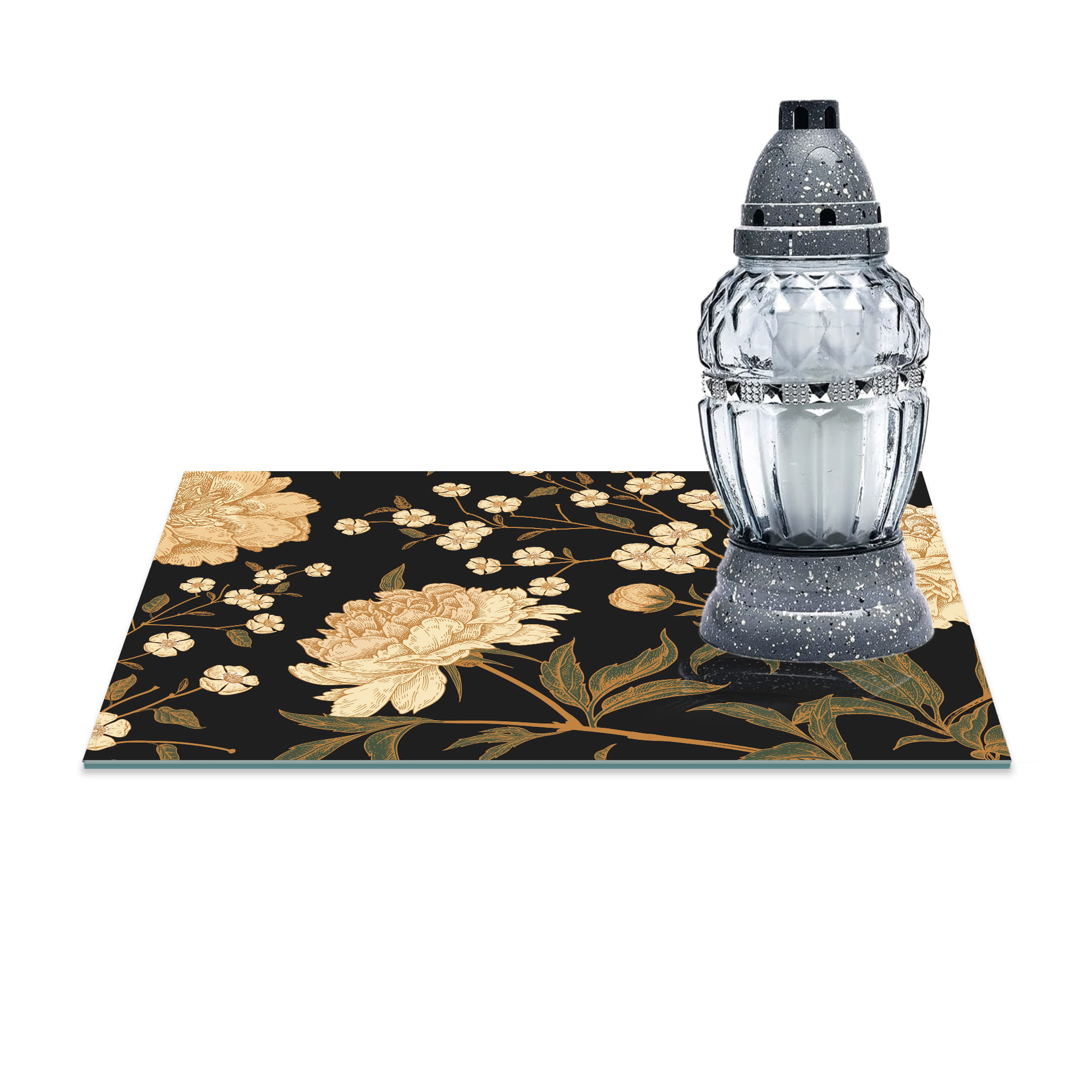 SZKLANA PODSTAWKA POD ZNICZE 30x20cm Piwonie 365a