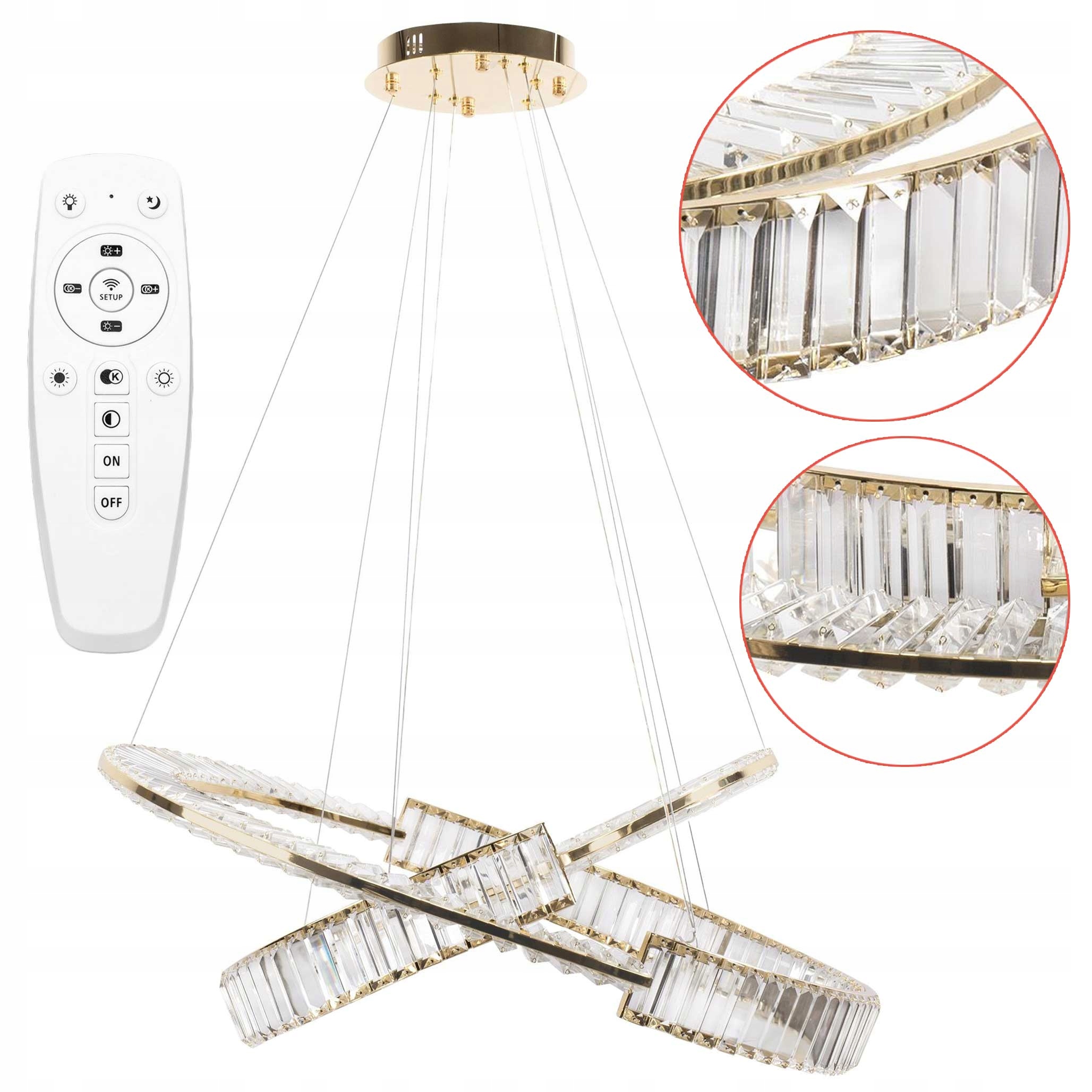 Elegantní zlatá Led závěsná lampa s krystaly, dvojitá obruč s dálkovým ovládáním