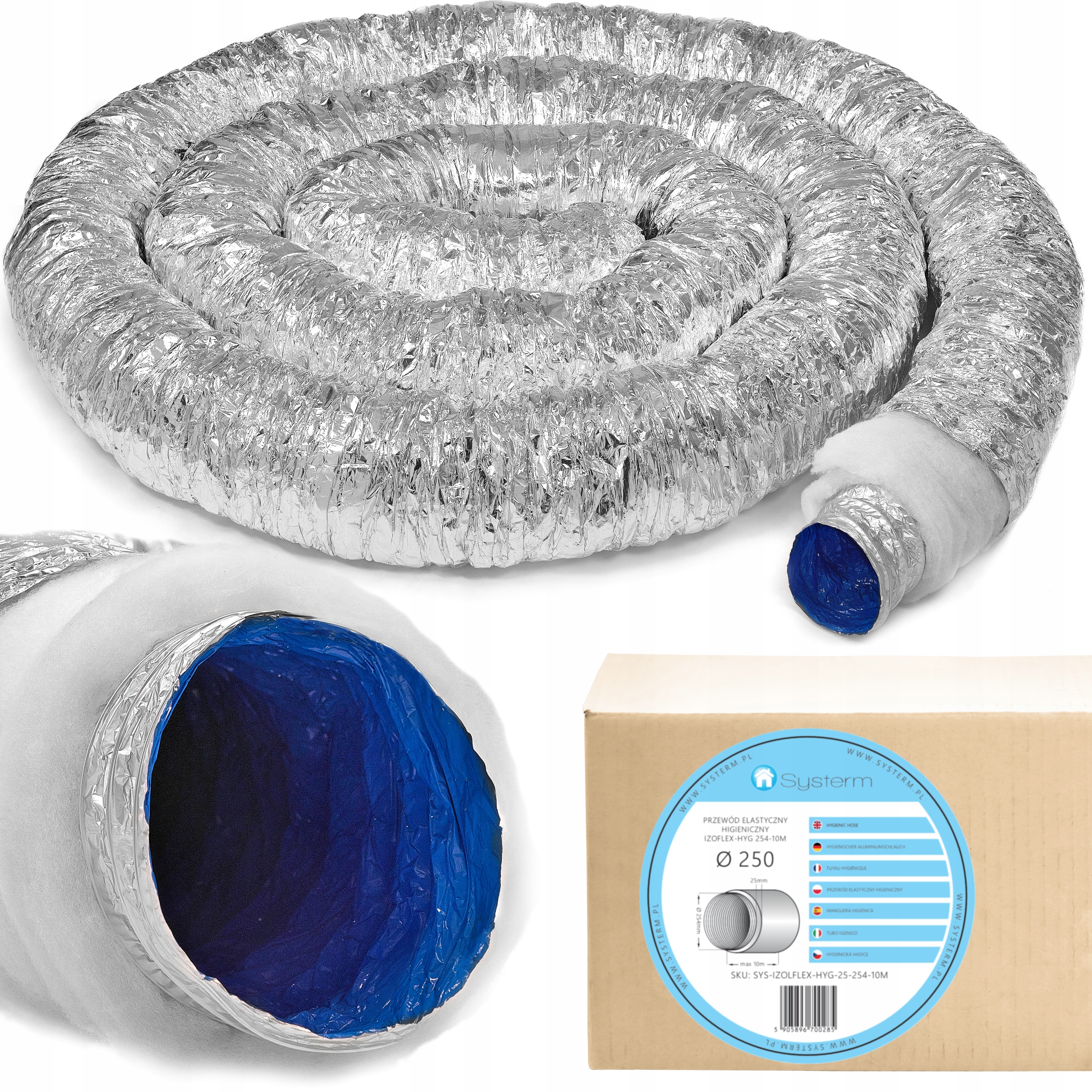 Trubka Spiro Izolovaný Kabel 250 mm 10 m Flexibilní Hygienický ventilační