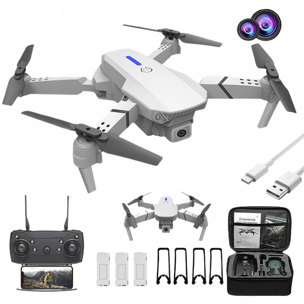 DRON Z KAMERA ZDALNIE PODWÓJNY APARAT 4K BATERIA LITOWA LS-E525 3×1800 MAH
