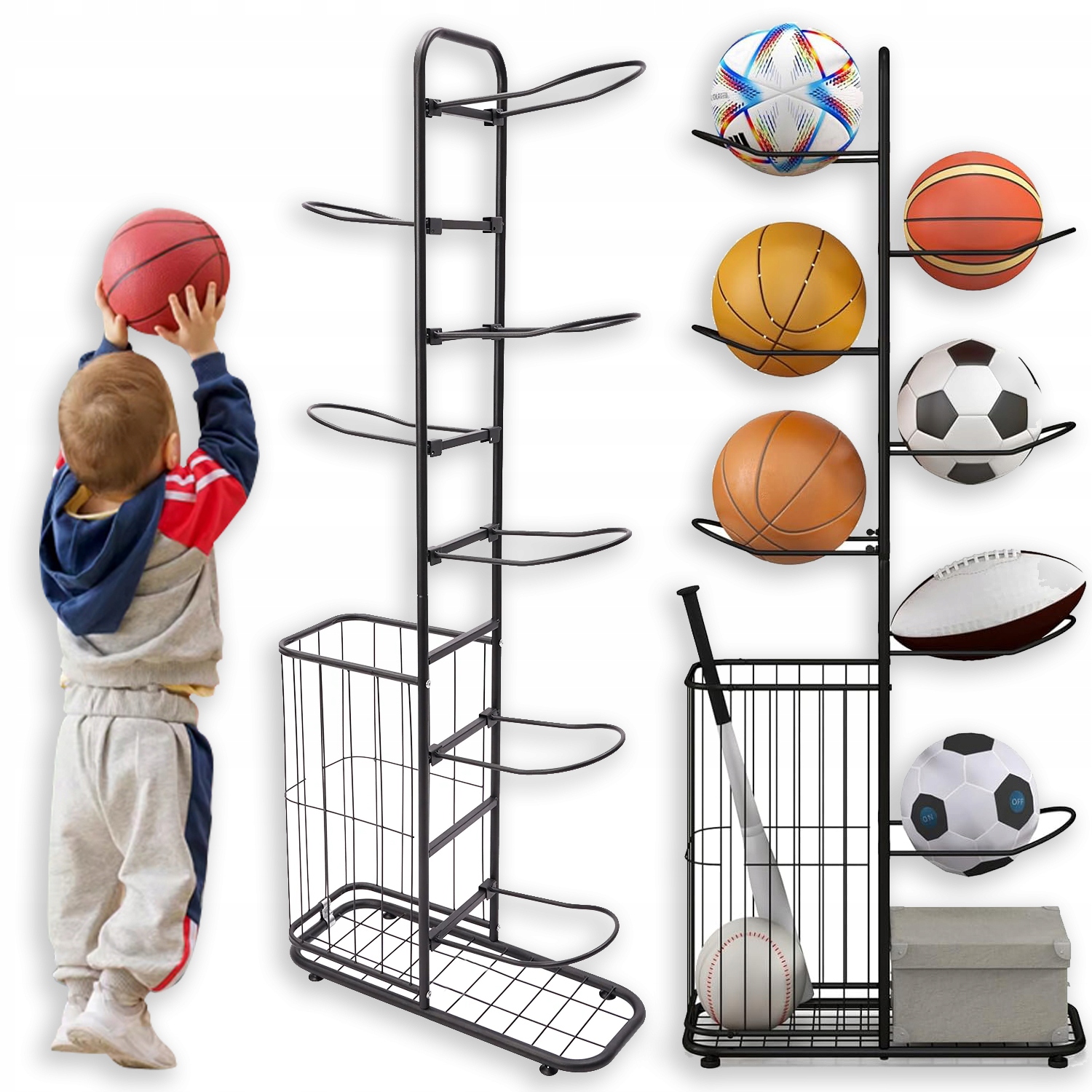 Stojan Na Míčky Kovový 7 Míčků Polička Organizér Skladování Vertikální