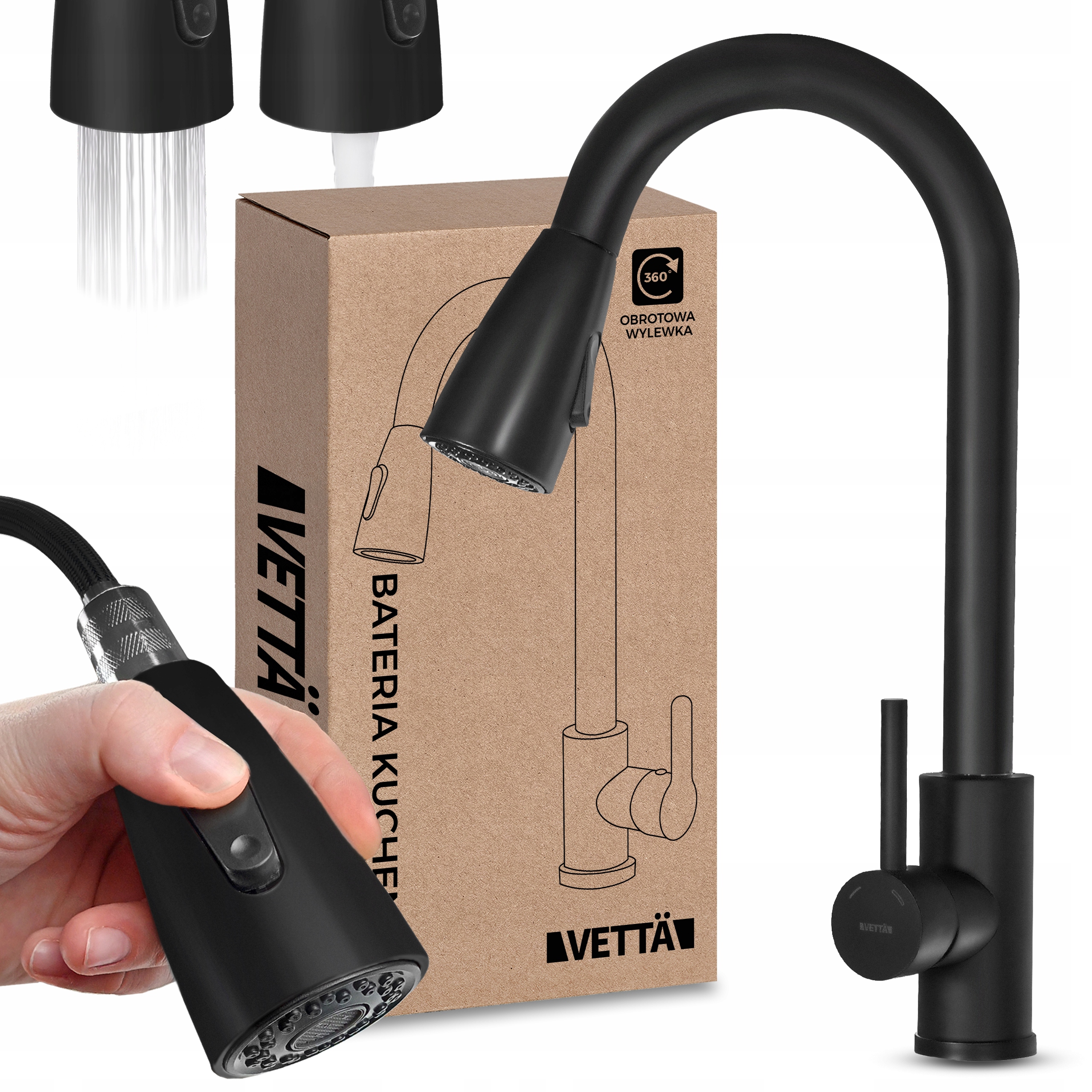 Bateria kuchenna obrotowa wyciągana wylewka wysoka kran do umywalki czarny