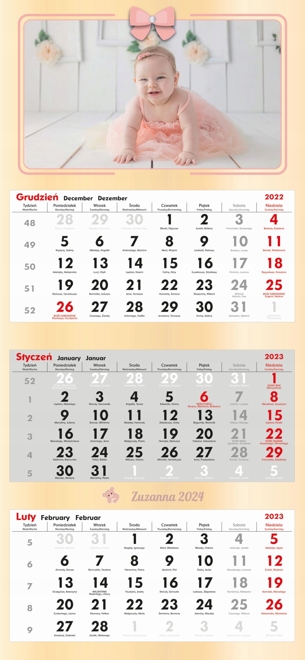 1x Foto-Kalendarz Trójdzielny 2024 Twoje Zdjęcia Producent inny