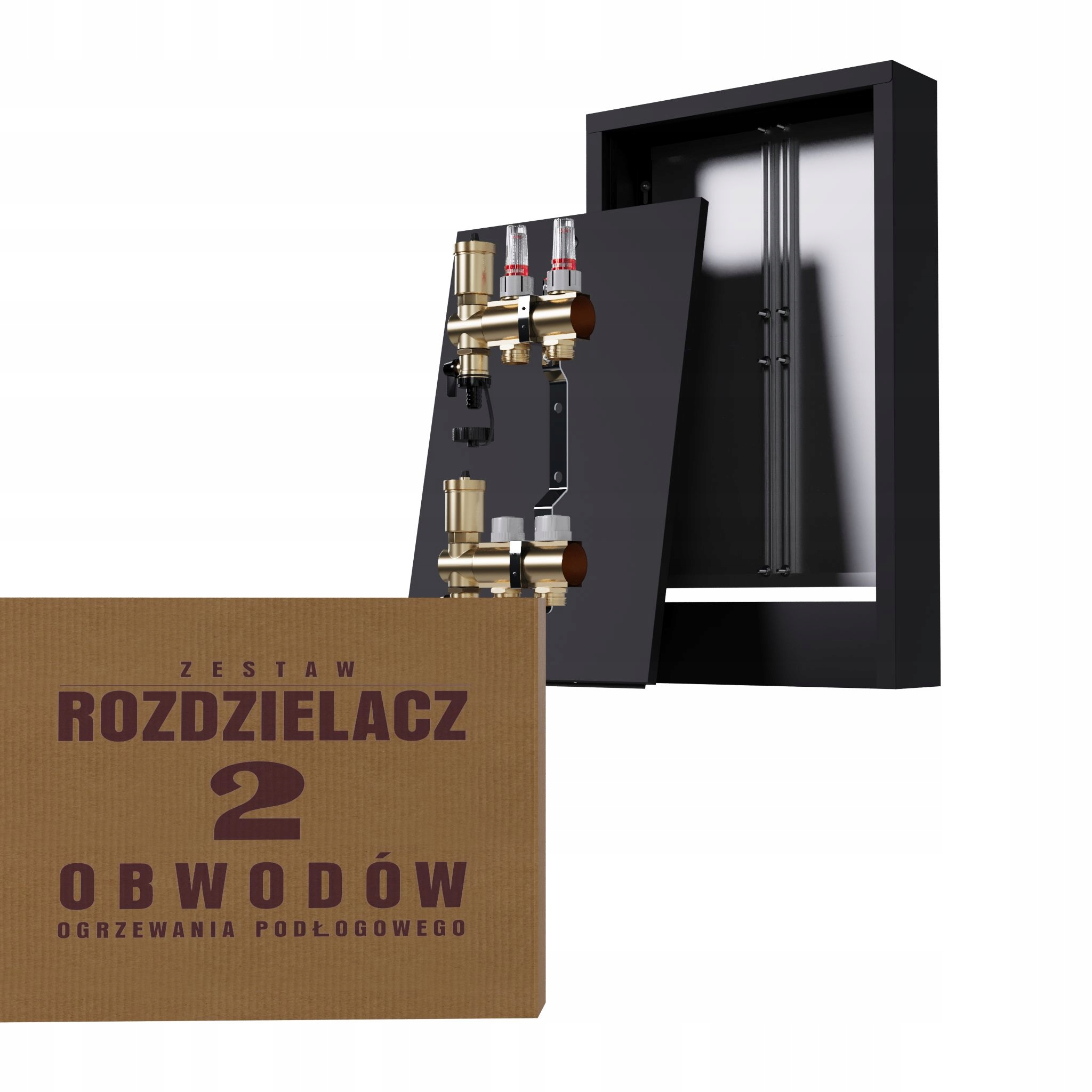 Rozdělovač na podlahu mosazný 2-okruhový a nástěnná skříňka černá