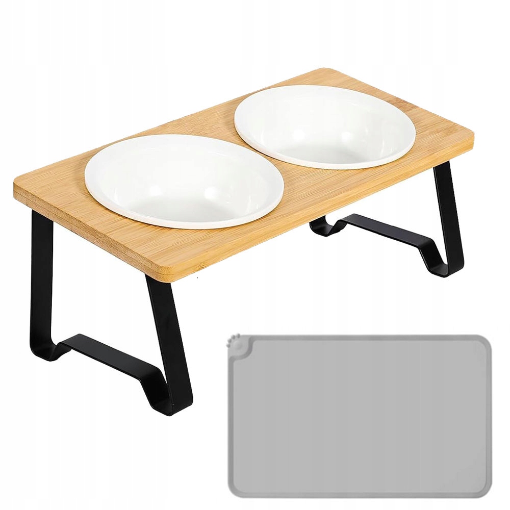 Levně Miska Pro Kočky Psa Dvojitá Dřevěná Keramická Misky 2 x 350 ml podložka