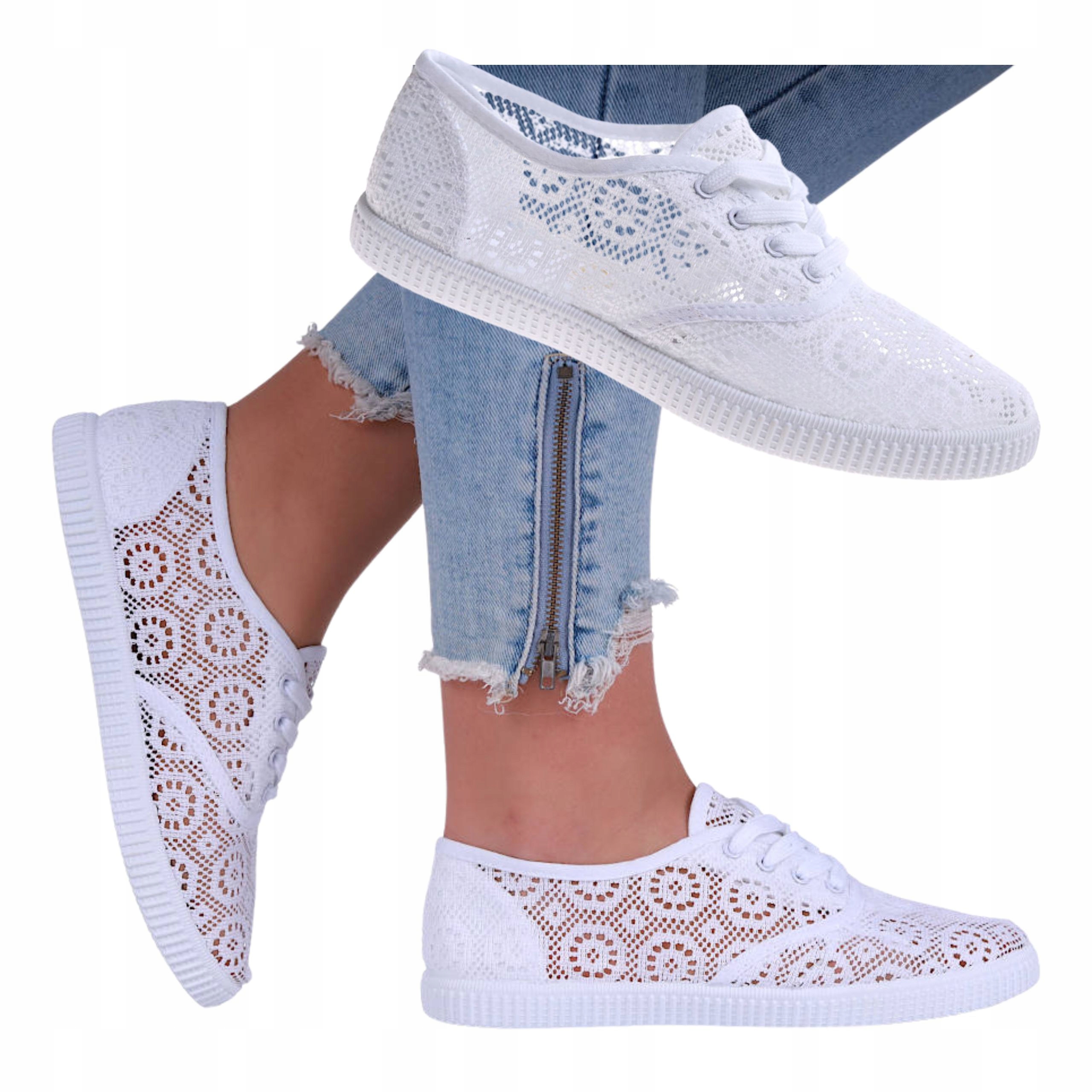 Sznurowane białe trampki damskie Wiosenne ażurowe tenisówki 17233 36