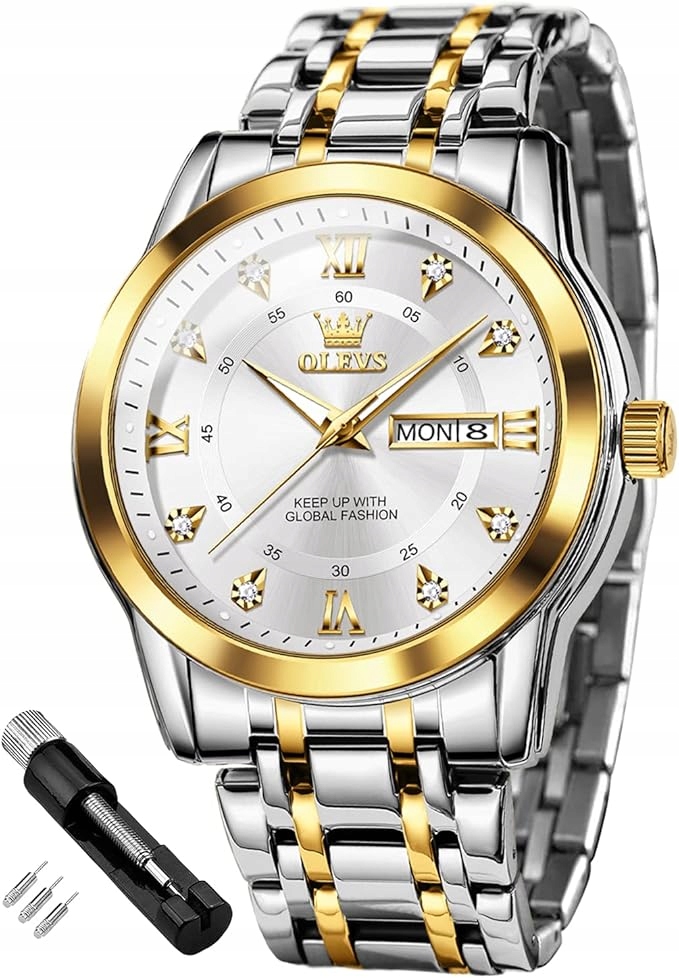 Pánské Hodinky Stříbrno-zlaté Analogové Quartzové Elegantní S Krystaly