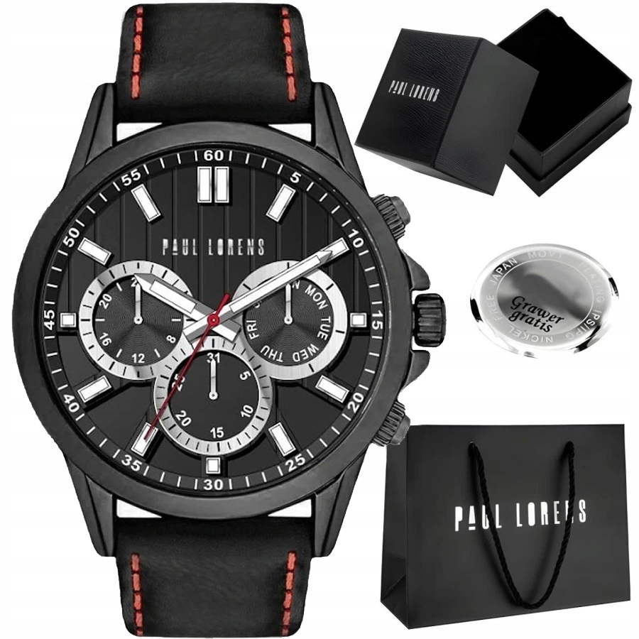 Pánské hodinky Paul Lorens Shark kožené, s ukazatelem data a 24hodinovým ciferníkem Gravírování