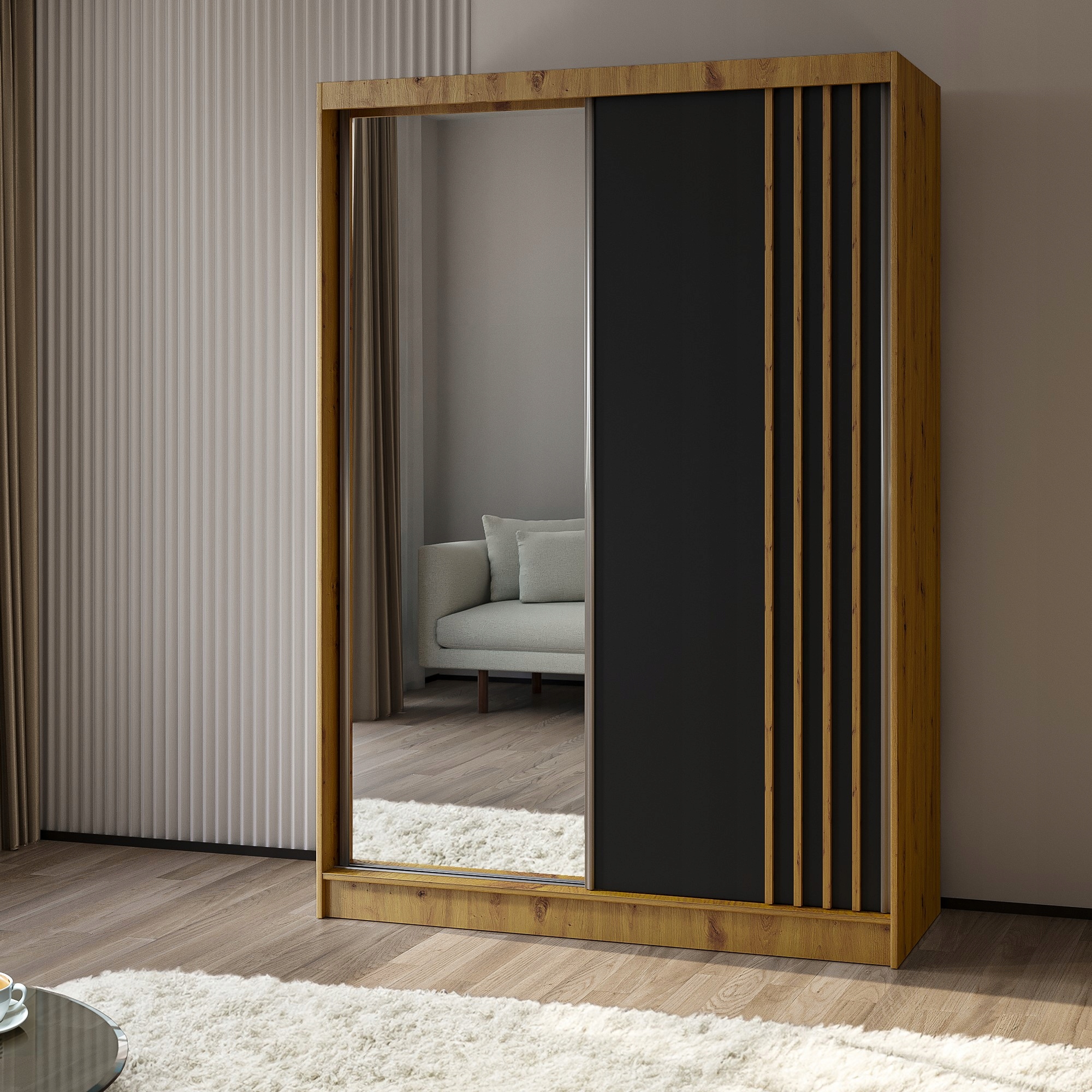 Skříň Nelvia 150 cm Skříň se zrcadlem Posuvná dub artisan