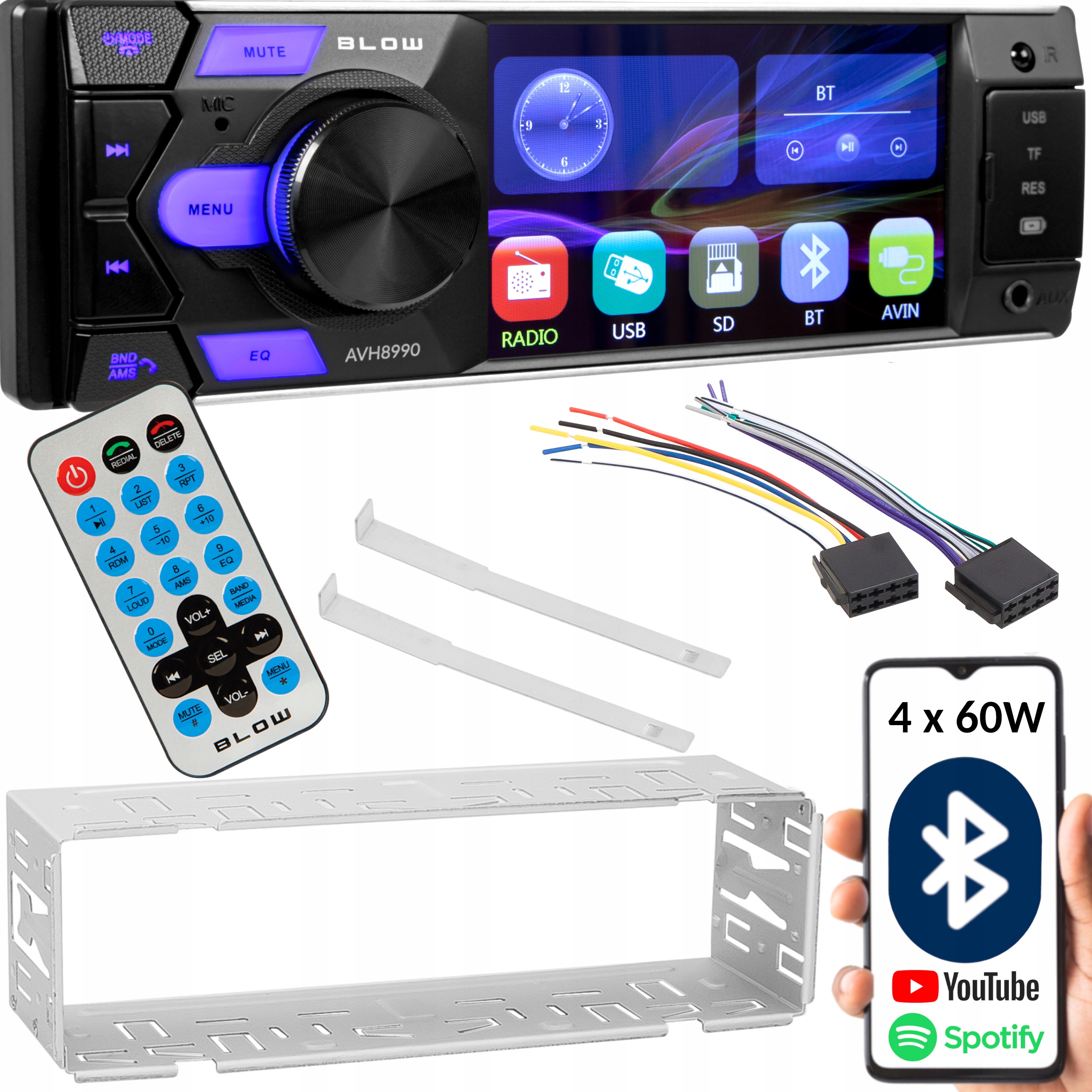 RADIO SAMOCHODOWE 1-DIN EKRAN 4" USB SD RDS BLUETOOTH PILOT BATERIA ZESTAW