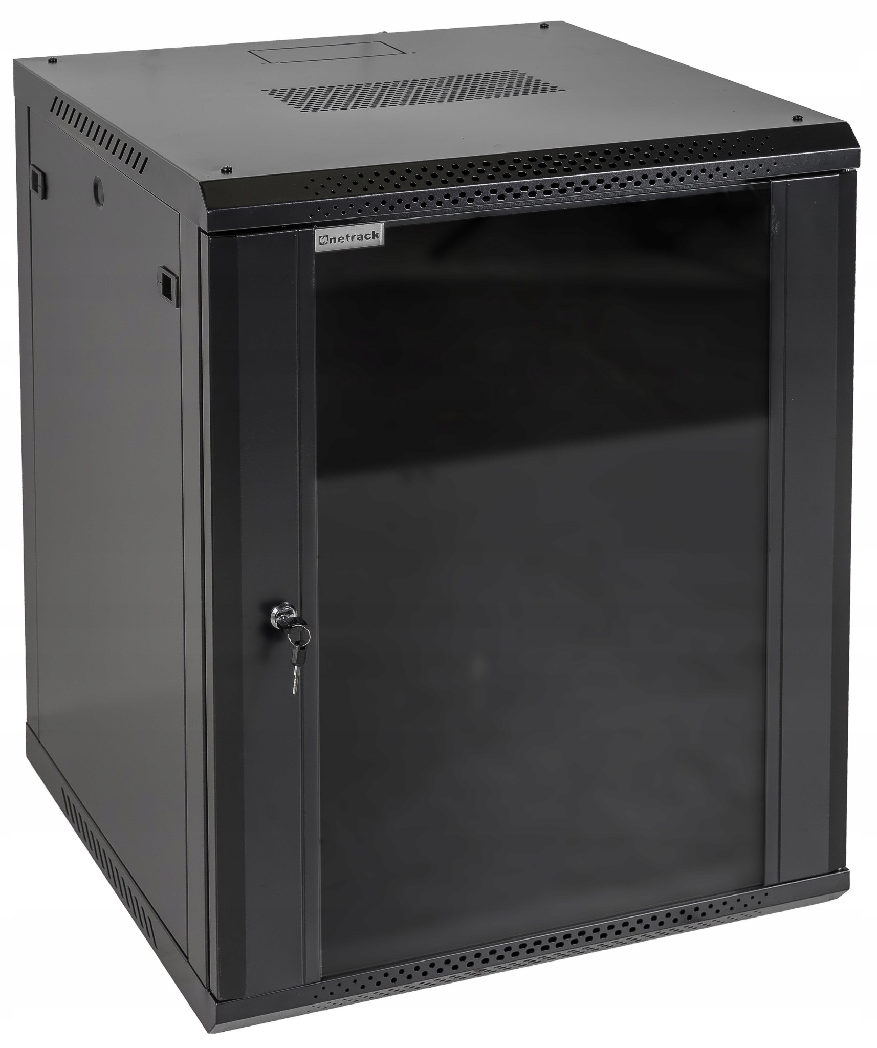 Závesná skriňa Rack 19" 15U, 600 mm, Netrack F-Line, čierna, sklenené dvere,