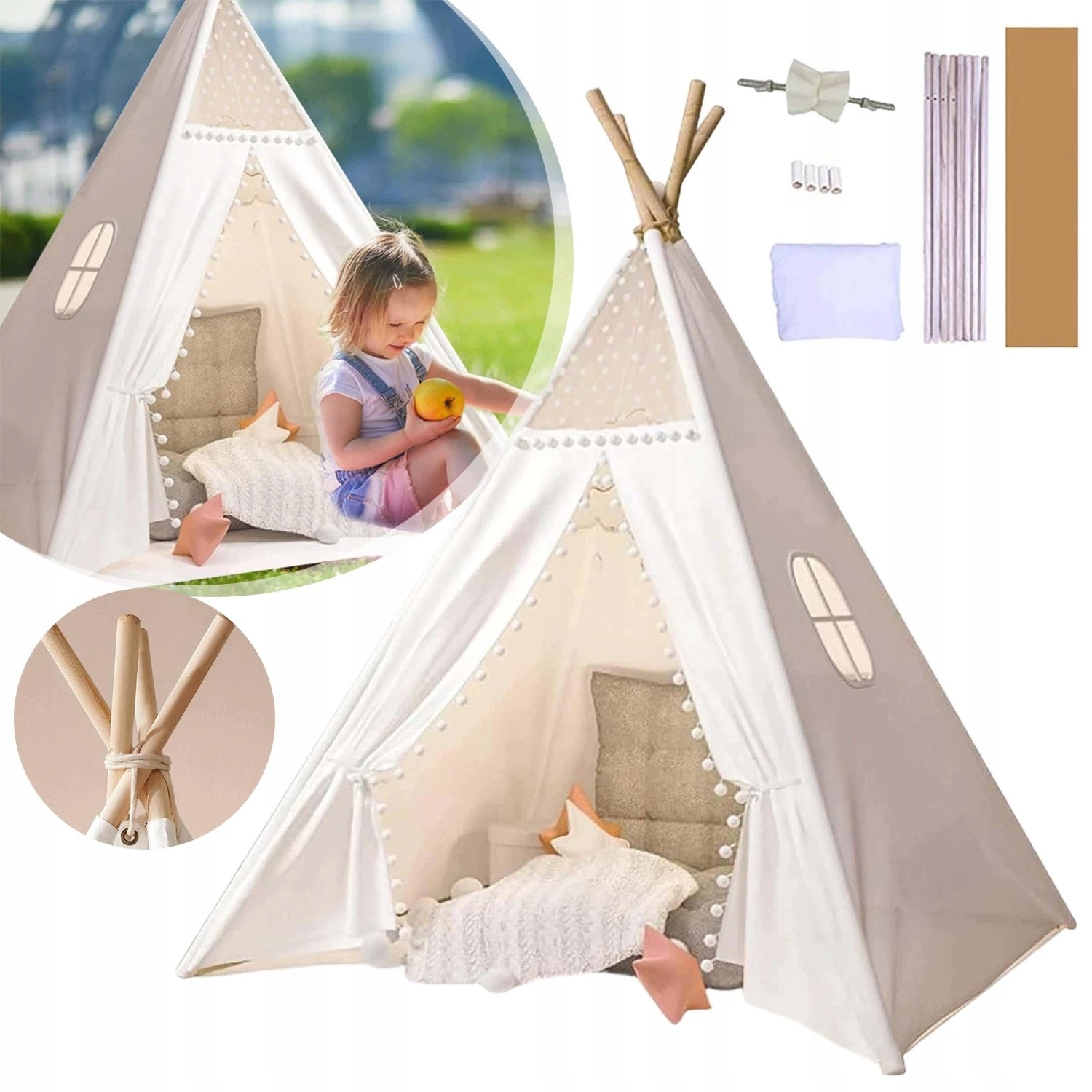 Namiot Tipi Dla Dzieci Wigwam Domek Zabawek Z Okienkiem Bawełna Drewno