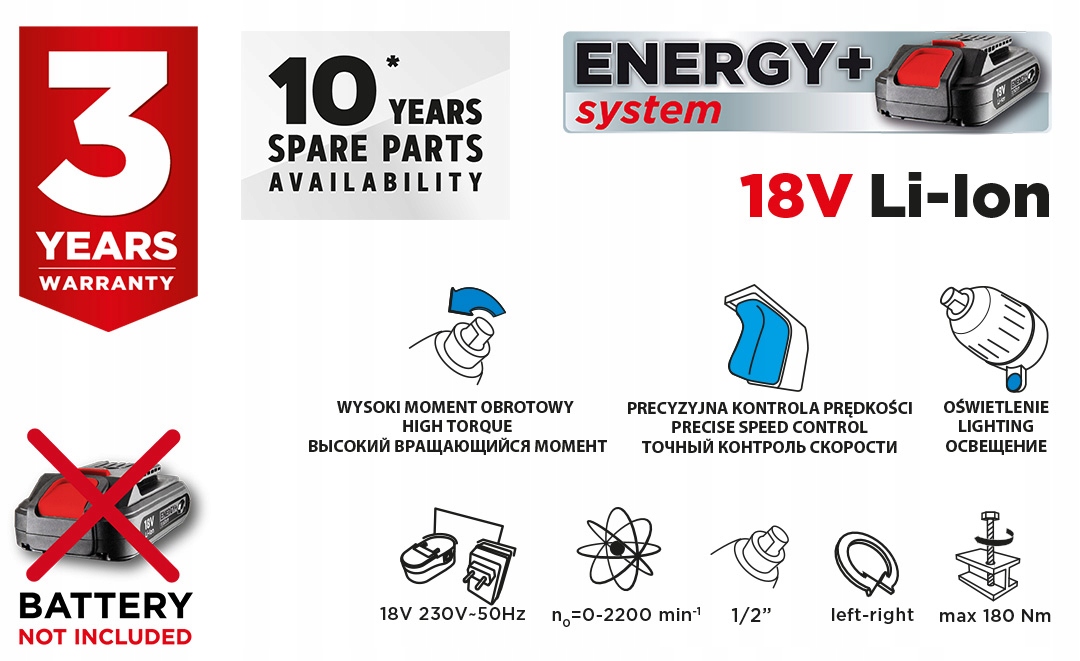 Klucz udarowy akumulatorowy Energy+ 18V, Li-Ion, bez akumulatora Napięcie (V) 18 V