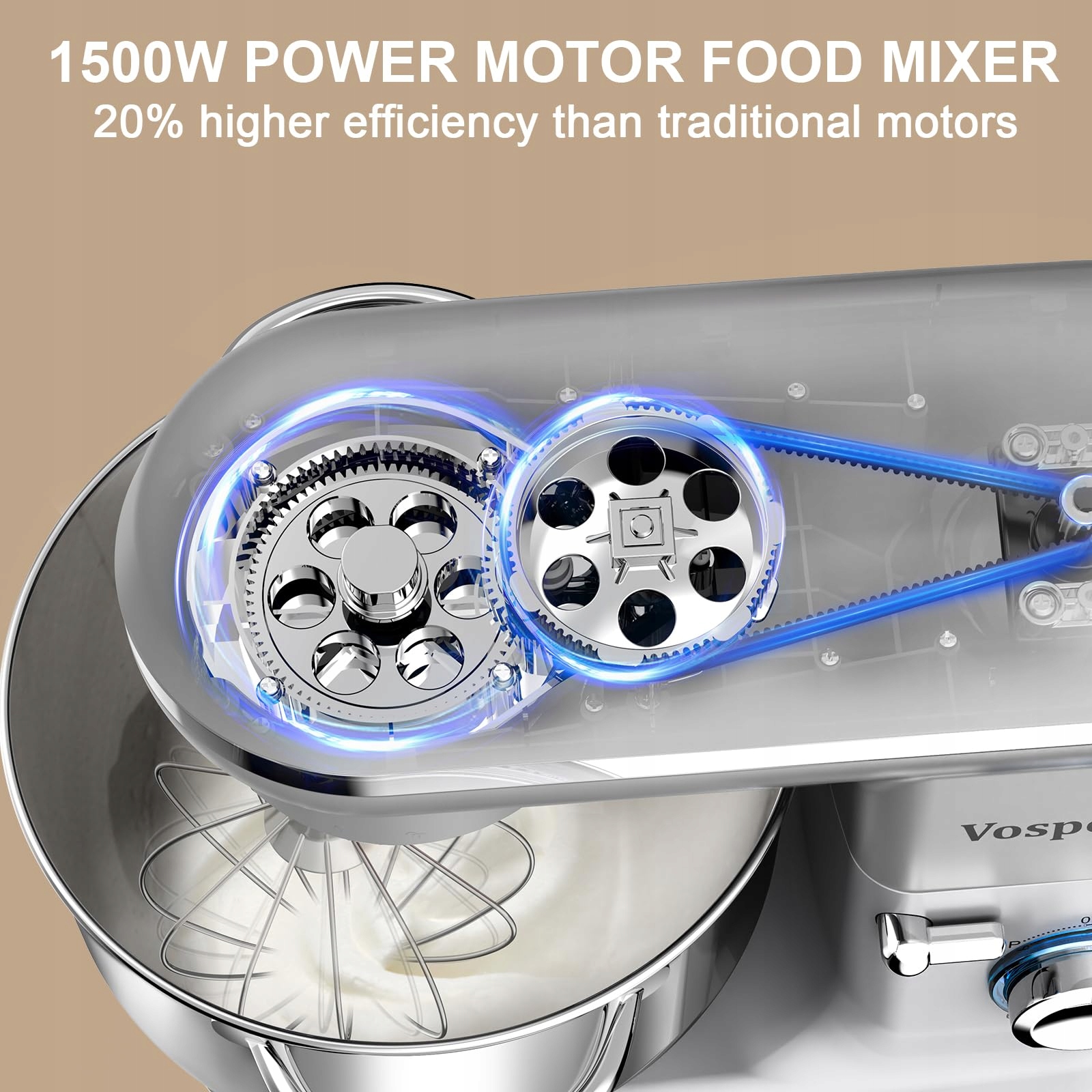 VOSPEED Mikser Kuchenny 1500W 6 Prędkości 6.2L Misa Srebrny — miniatura 3