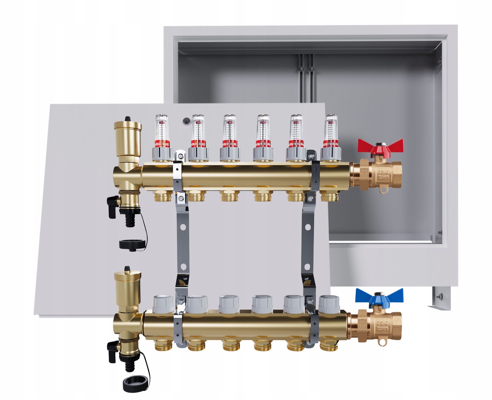 Rozdělovač podlahový mosazný 6 okruhů Podomítková skříňka Jednoduchý ventil