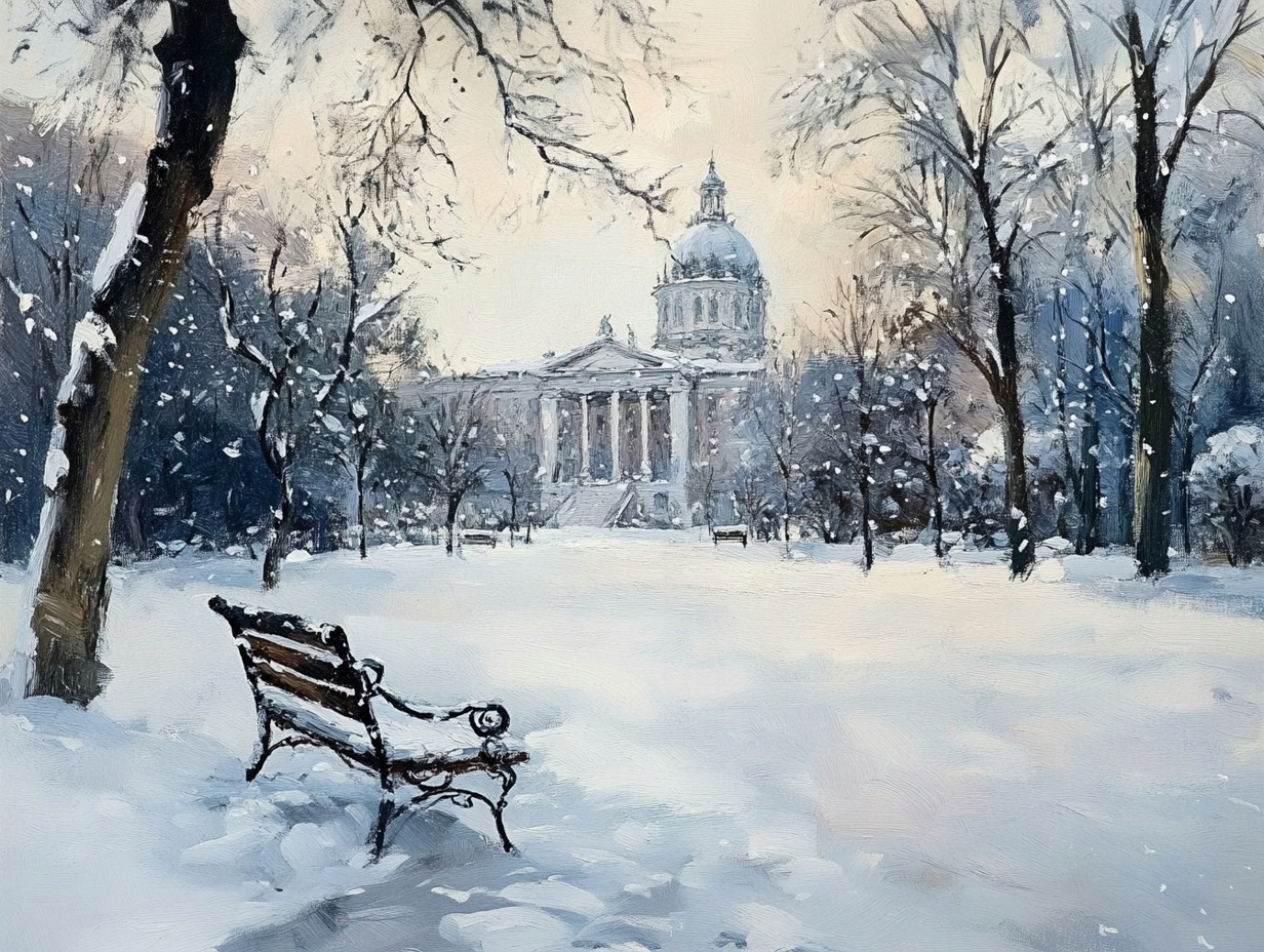 Obraz Na Plátně Canvas Krajina Zimní Sníh Park Lavička Zaspy 80x60