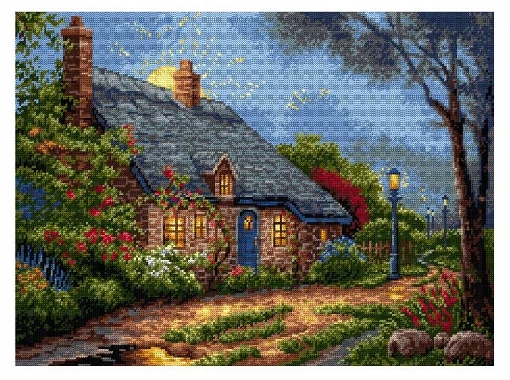 Výšivka křížková sada, kanva 11ct +mulina +jehly 53x39 Cm dům (9010) Ariadna