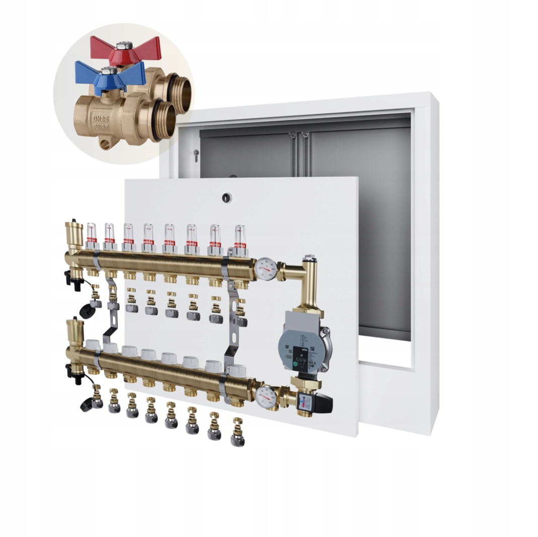 Rozdělovač podlahového vytápění 8 nástěnná skříňka+WILO+PEX+KULOVÝ Ventil
