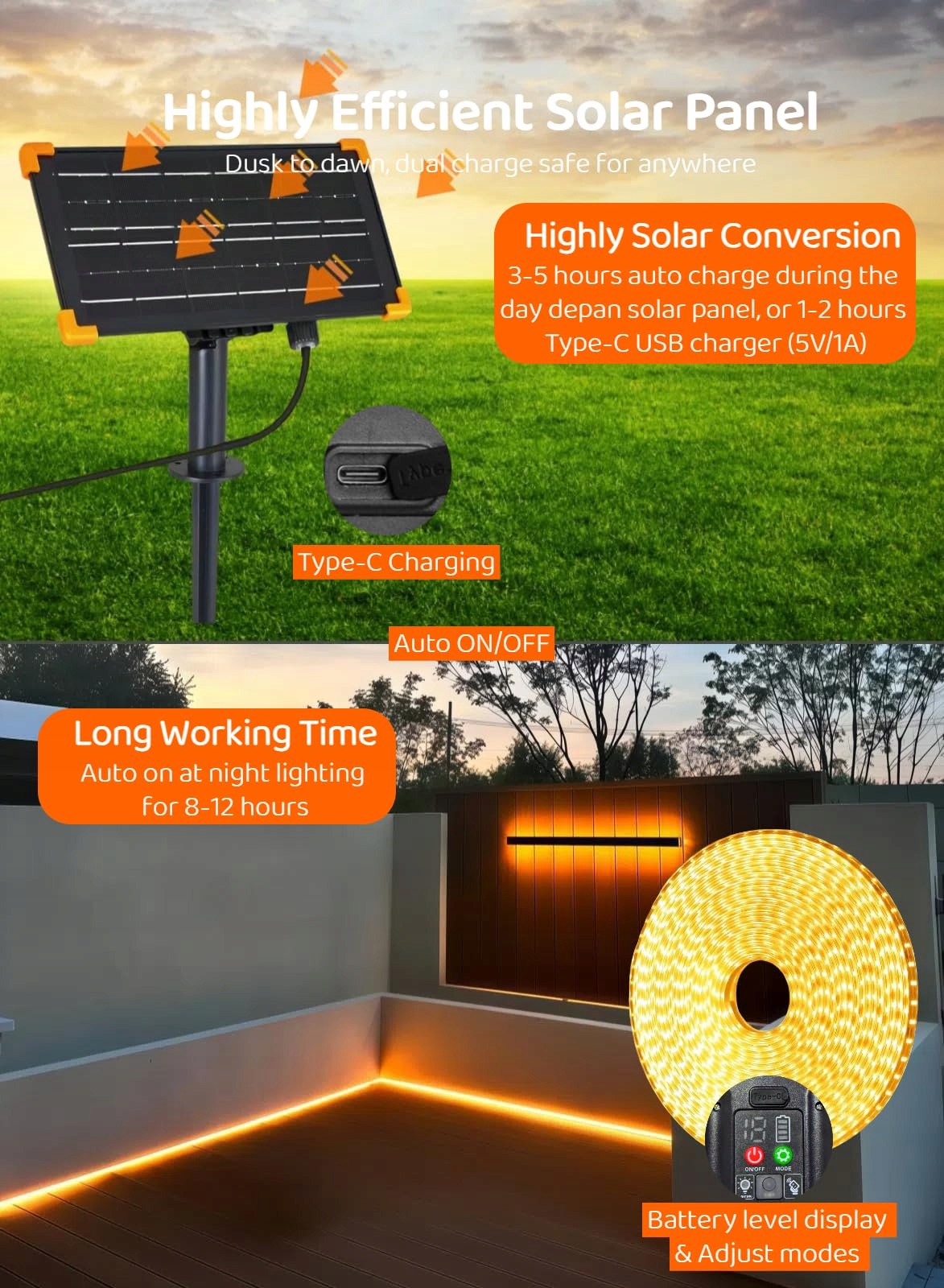 GAOXUN Solarna Taśma LED 15m 960 LED IP68 Z Pilotem Dimmowalna 8 Trybów — miniatura 7