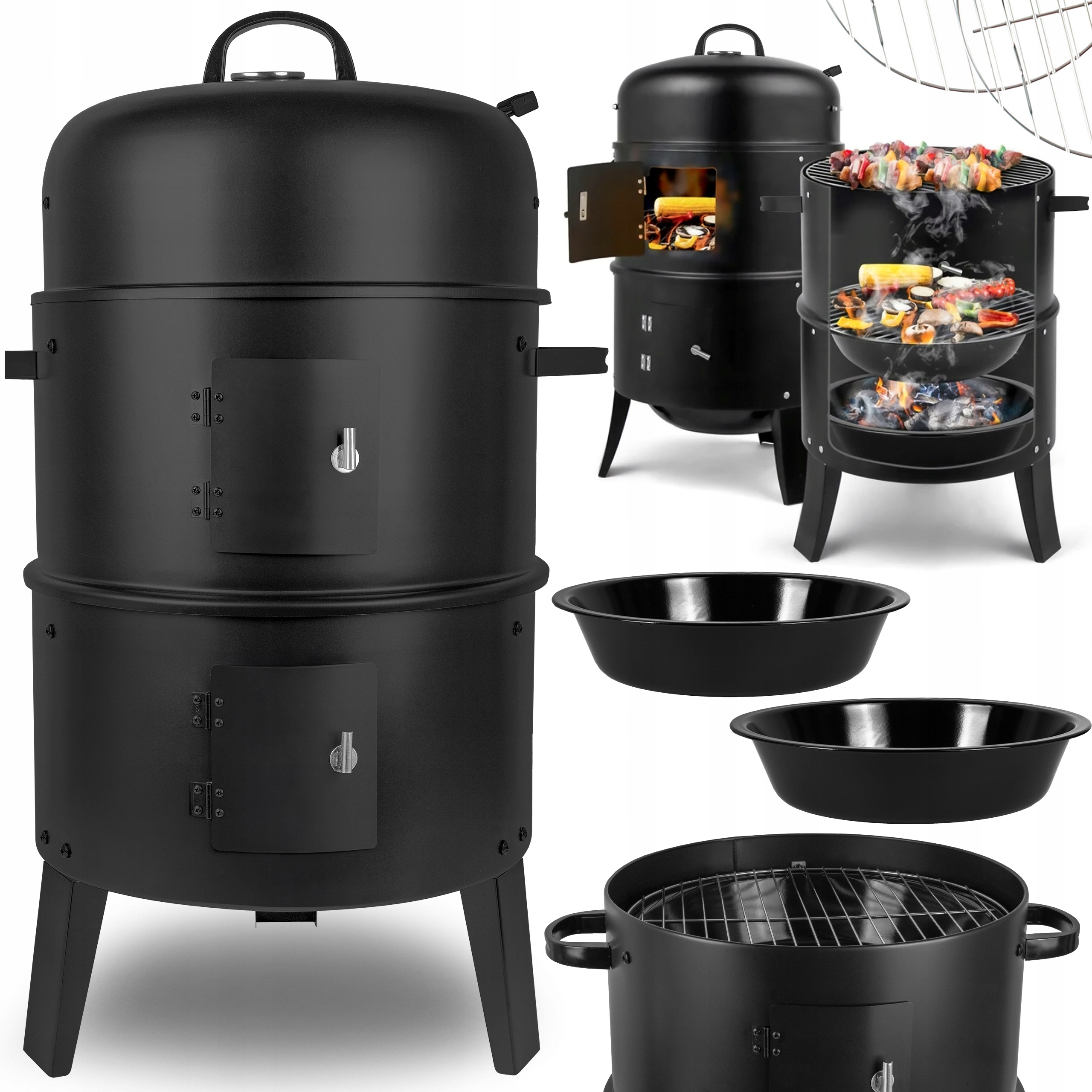 Zahradní Gril Uhlíkový Udírna Ohniště Teploměr Kulatý Přenosný 3V1