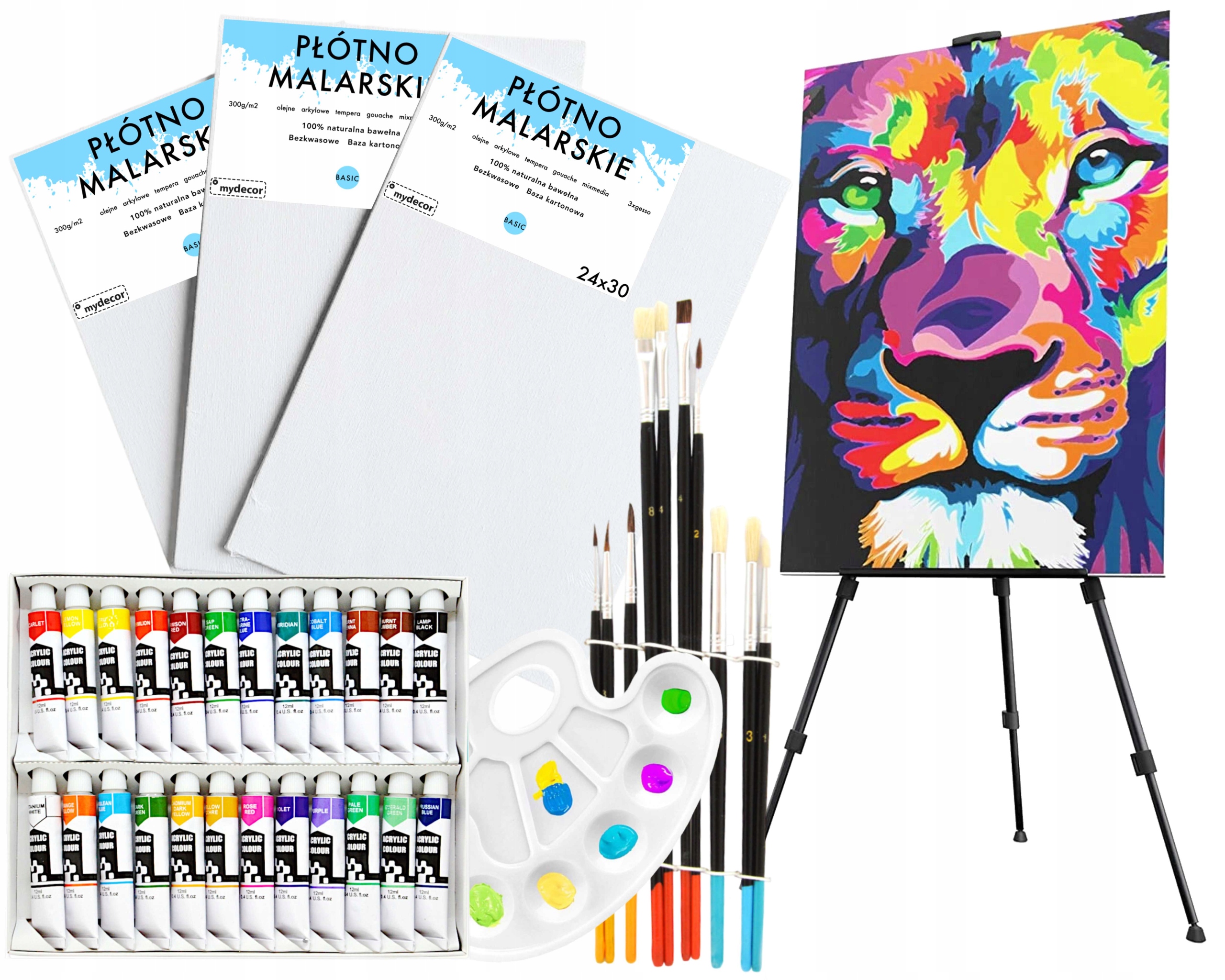 Malířská sada barvy 24x12ml kovový stojan 165cm plátno