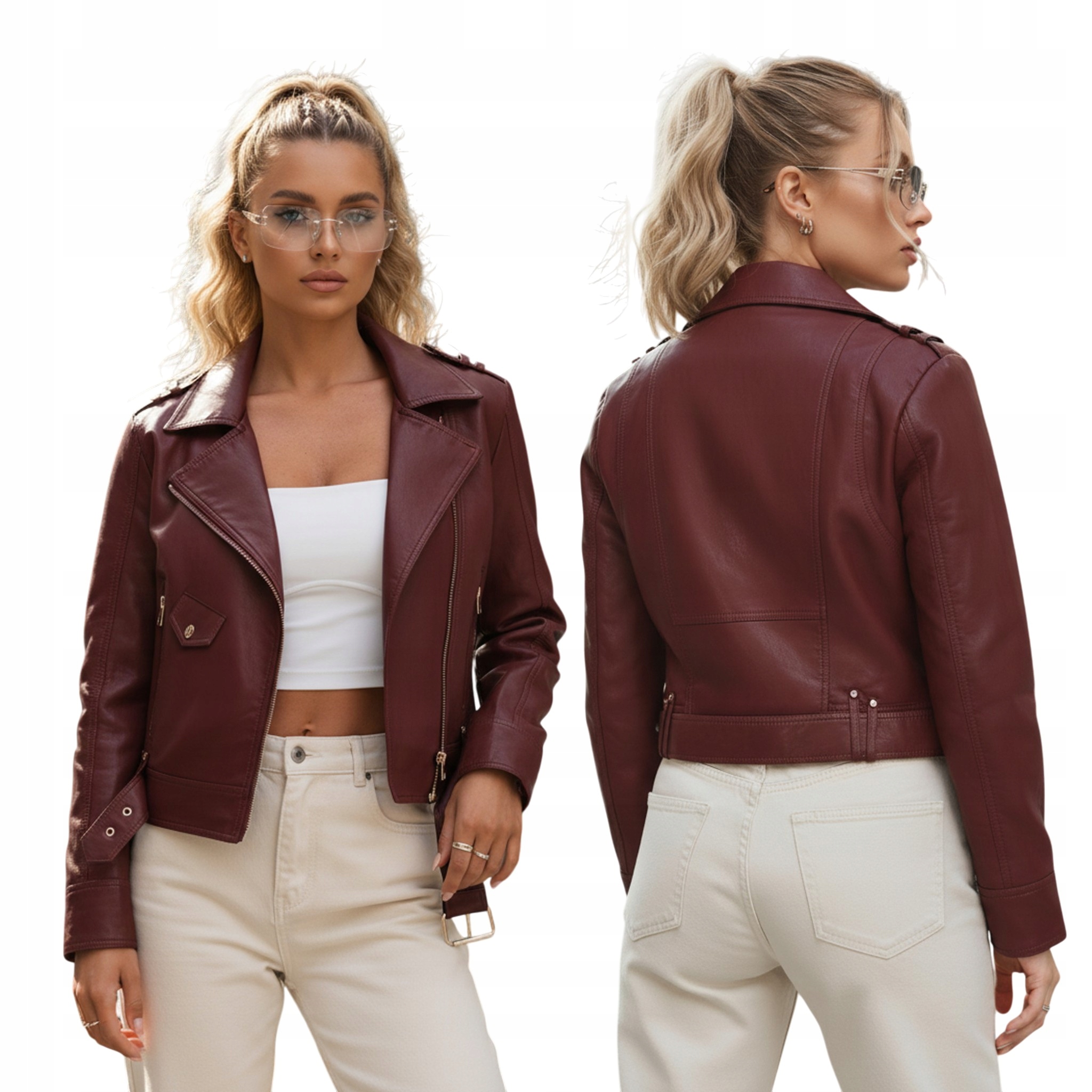 Kurtka damska ramoneska z ekoskóry z paskiem bordowa TY5649 M