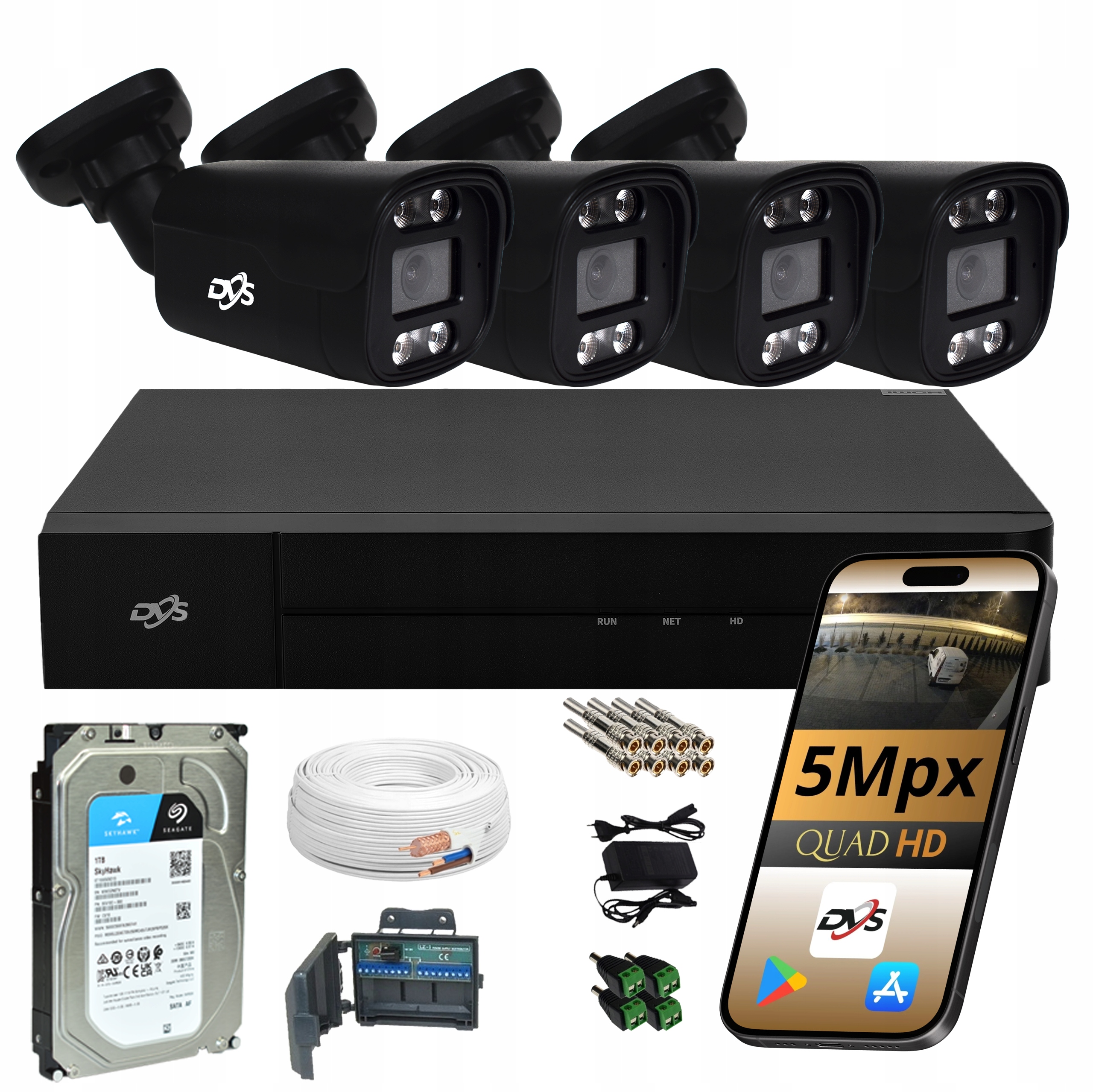 Zestaw monitoringu DVS 4 kamery analogowe 5 Mpx z dyskiem 1 TB IP66