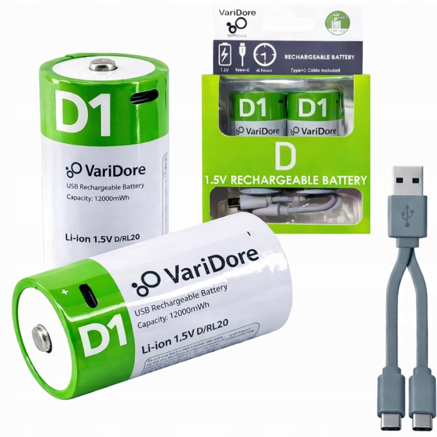 Akumulator D/R20 Bateria Usb-c 1,5V 12000mWh 2 Szt. VariDore Kabel Usb-c