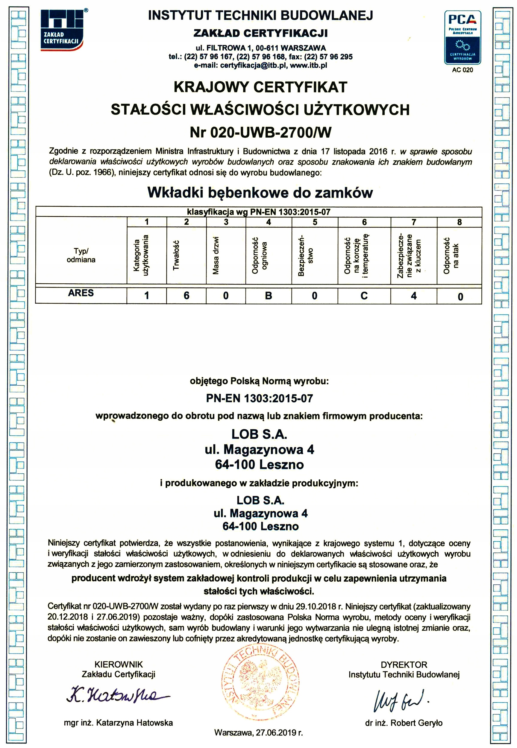 wkładka Lob Ares WT01 RIM mosiądz Informacje dodatkowe Odporność na warunki atmosferyczne