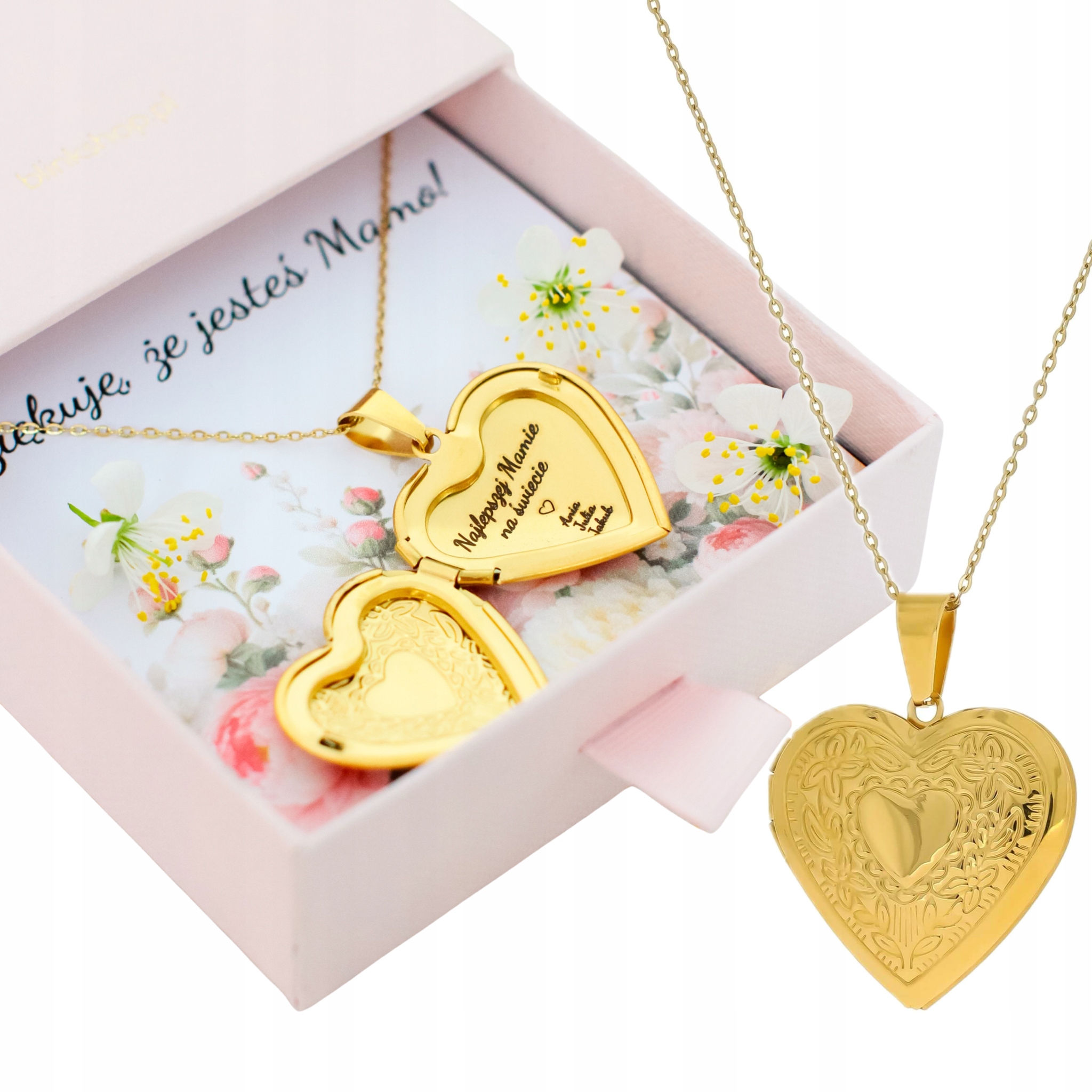 Naszyjnik dla mamy od dzieci pozłacany serce medalion grawer imion
