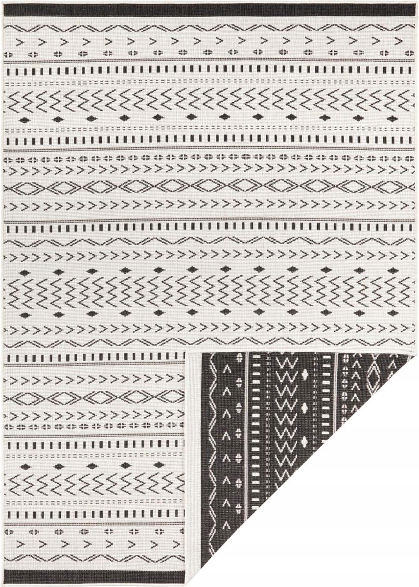 Koberec na terasu 120x170, černo krémový oboustranný, plochý tkaný provázkem