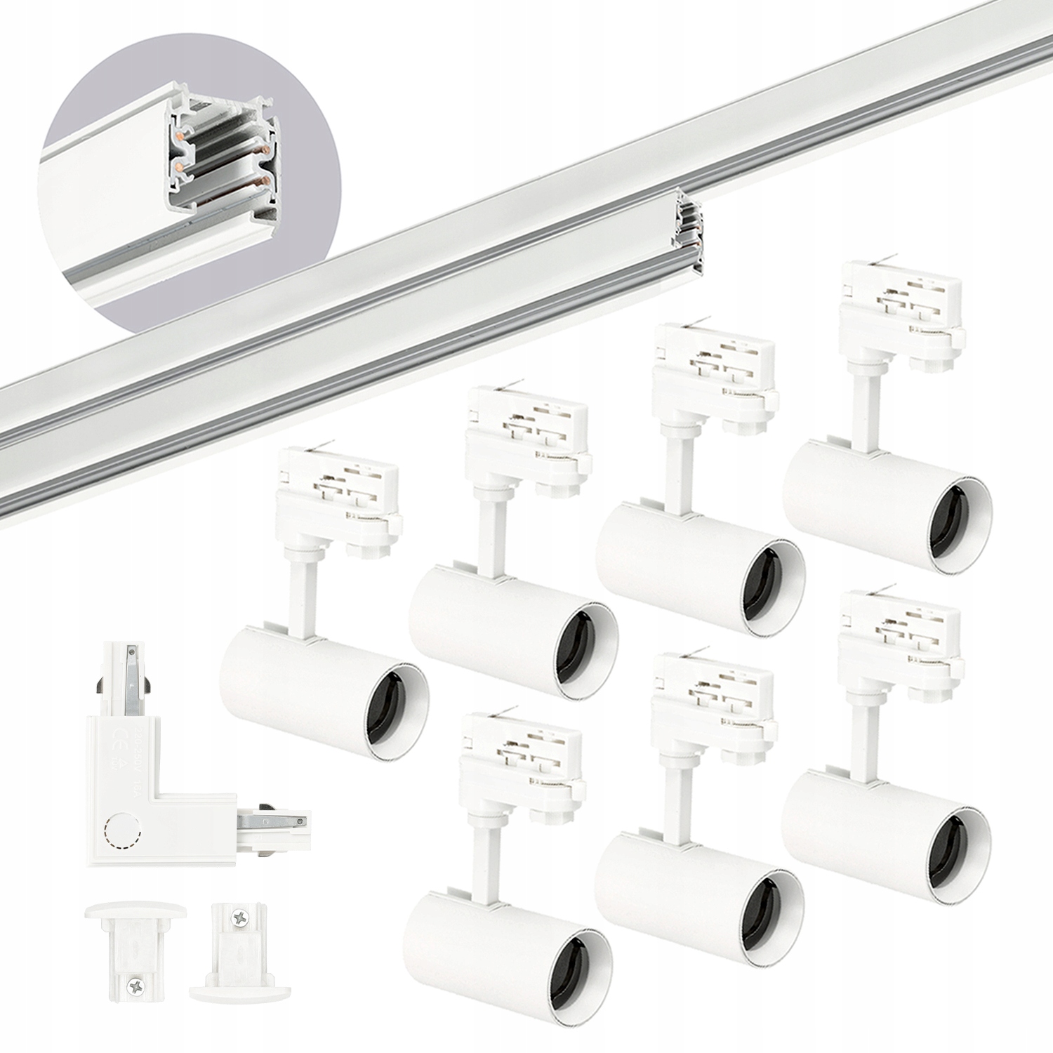 3-Fazowy System Szynowy szyna 1m+2m, L prawy, 7x Reflektor na GU10 Biały Marka Laitica