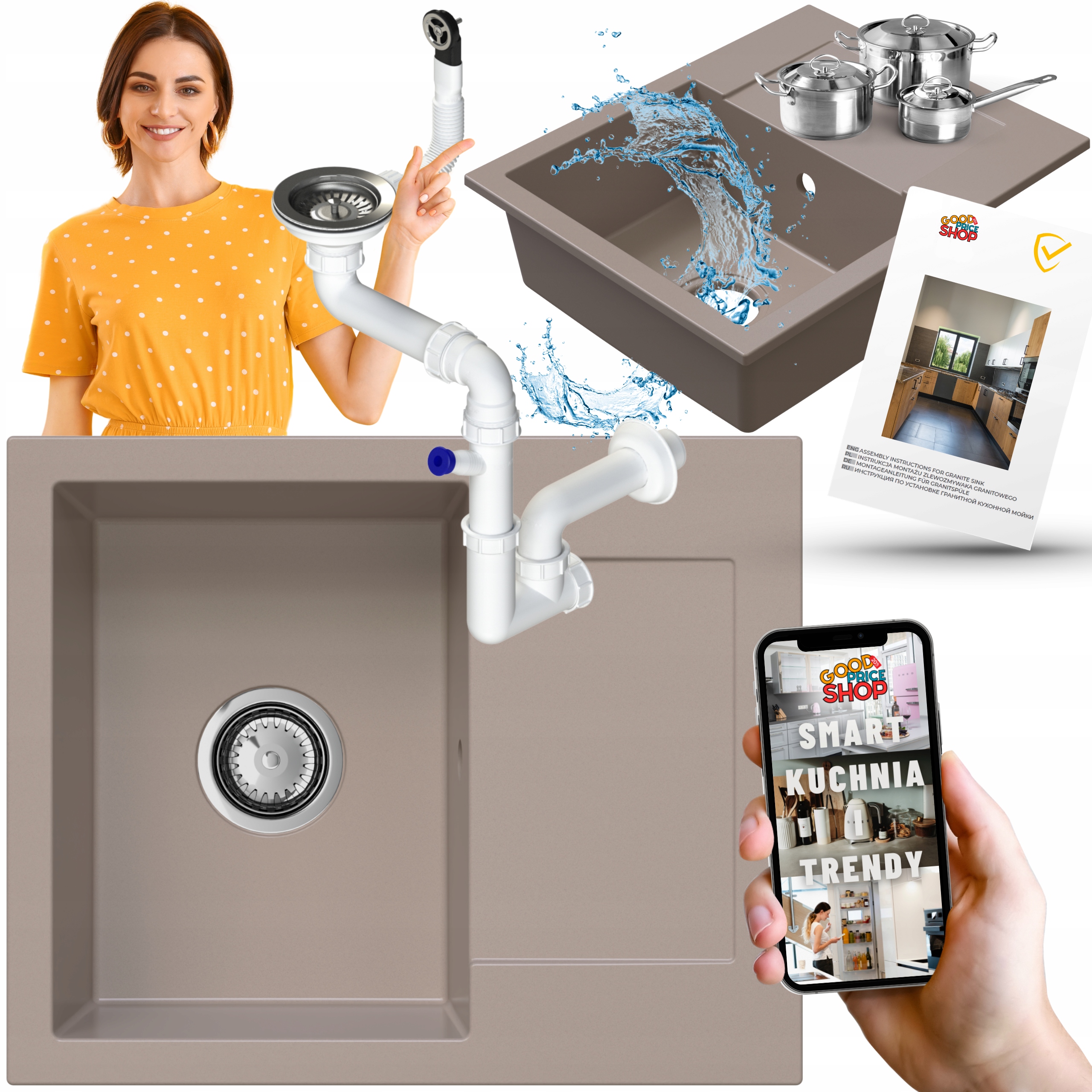 Granitový Dřez Jednokomorový S Odkapávačem Béžový Sifon Chrom 6v1