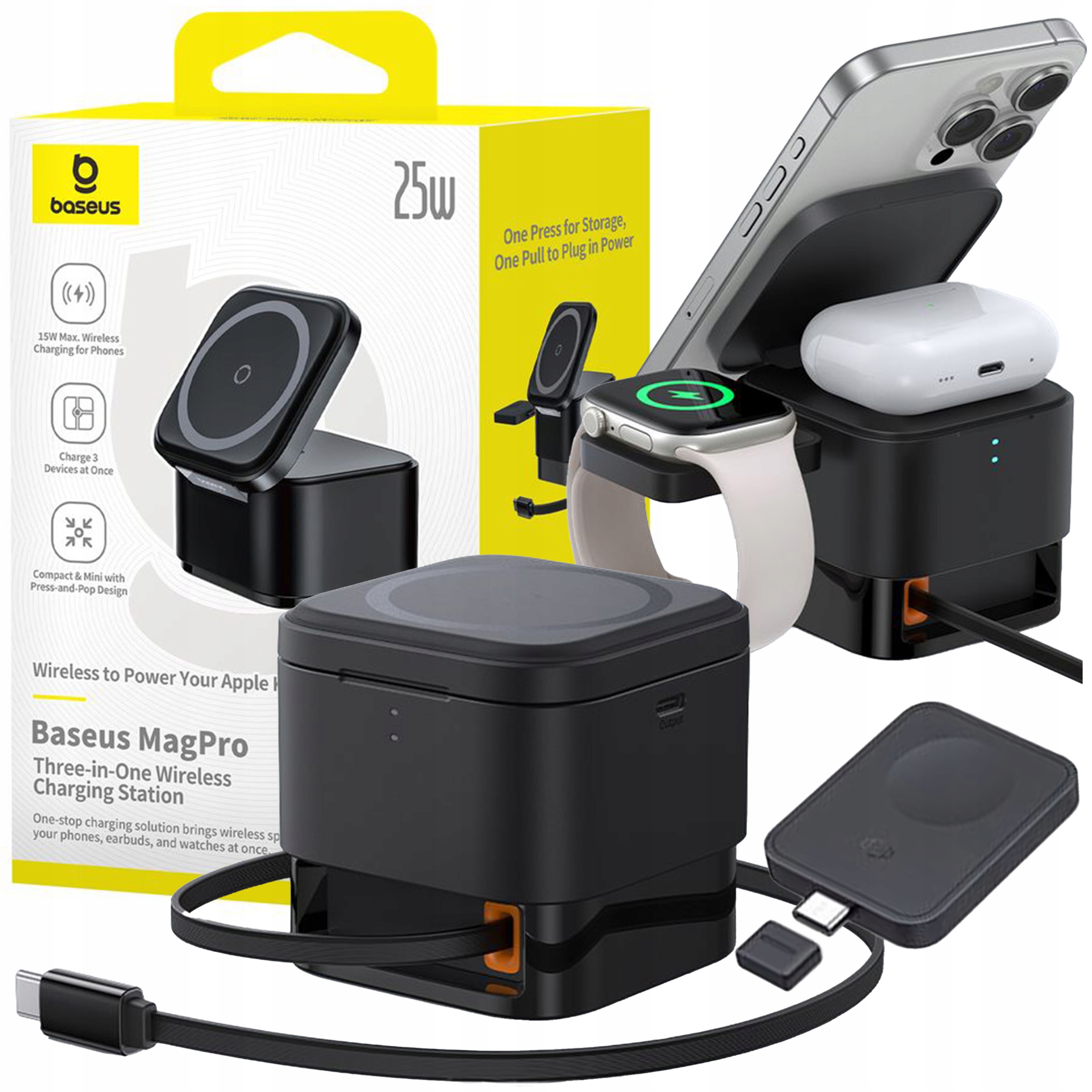 Indukční Nabíječka Baseus 3v1 MagSafe Pro Telefon Smartwatch Sluchátek