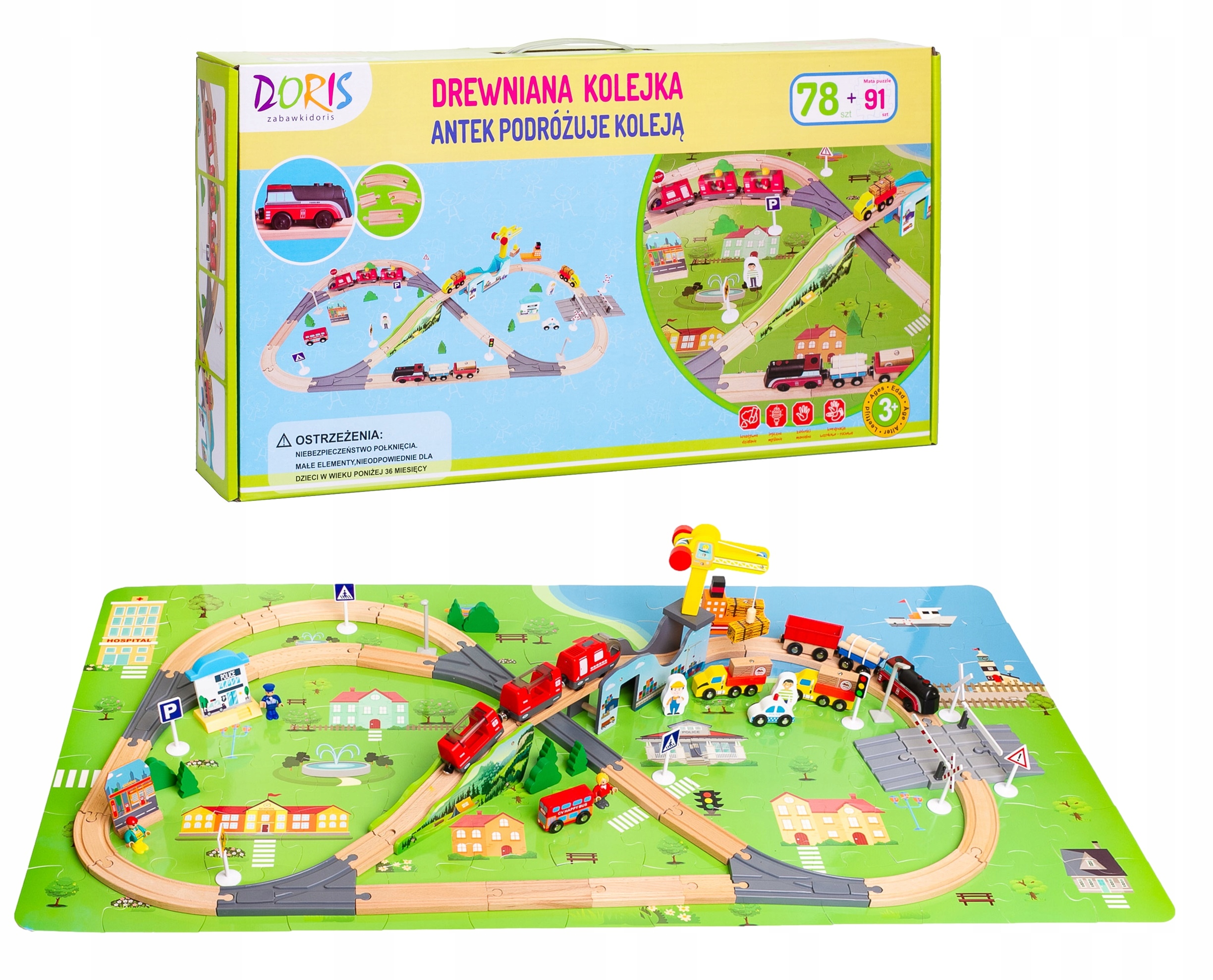 DREWNIANA KOLEJKA ELETRYCZNA XXL na baterie tor wagony POCIĄG x2 + AUTA Baterie 5 x AAA